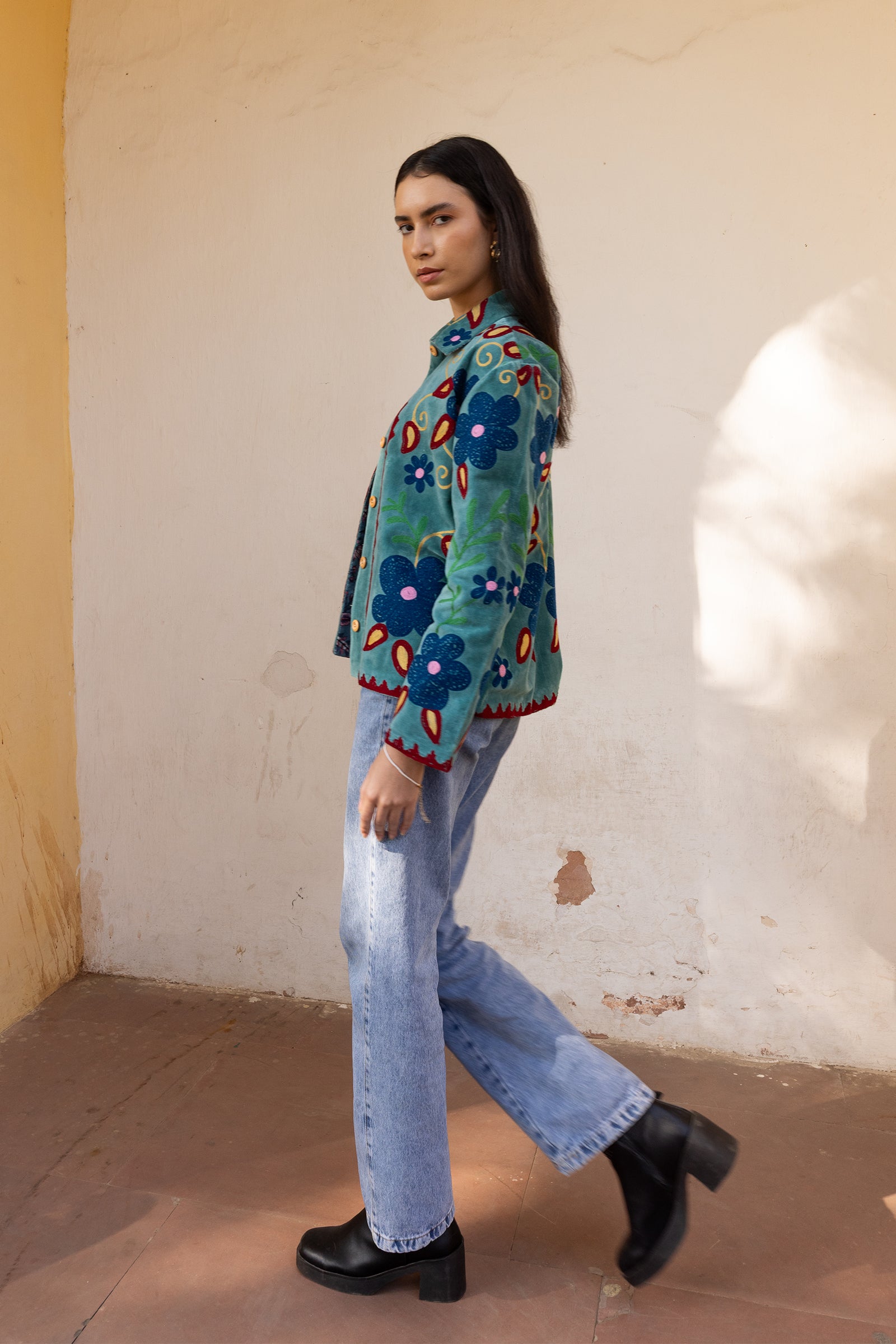 Teal Velvet Multicolour Embroidered Jacket