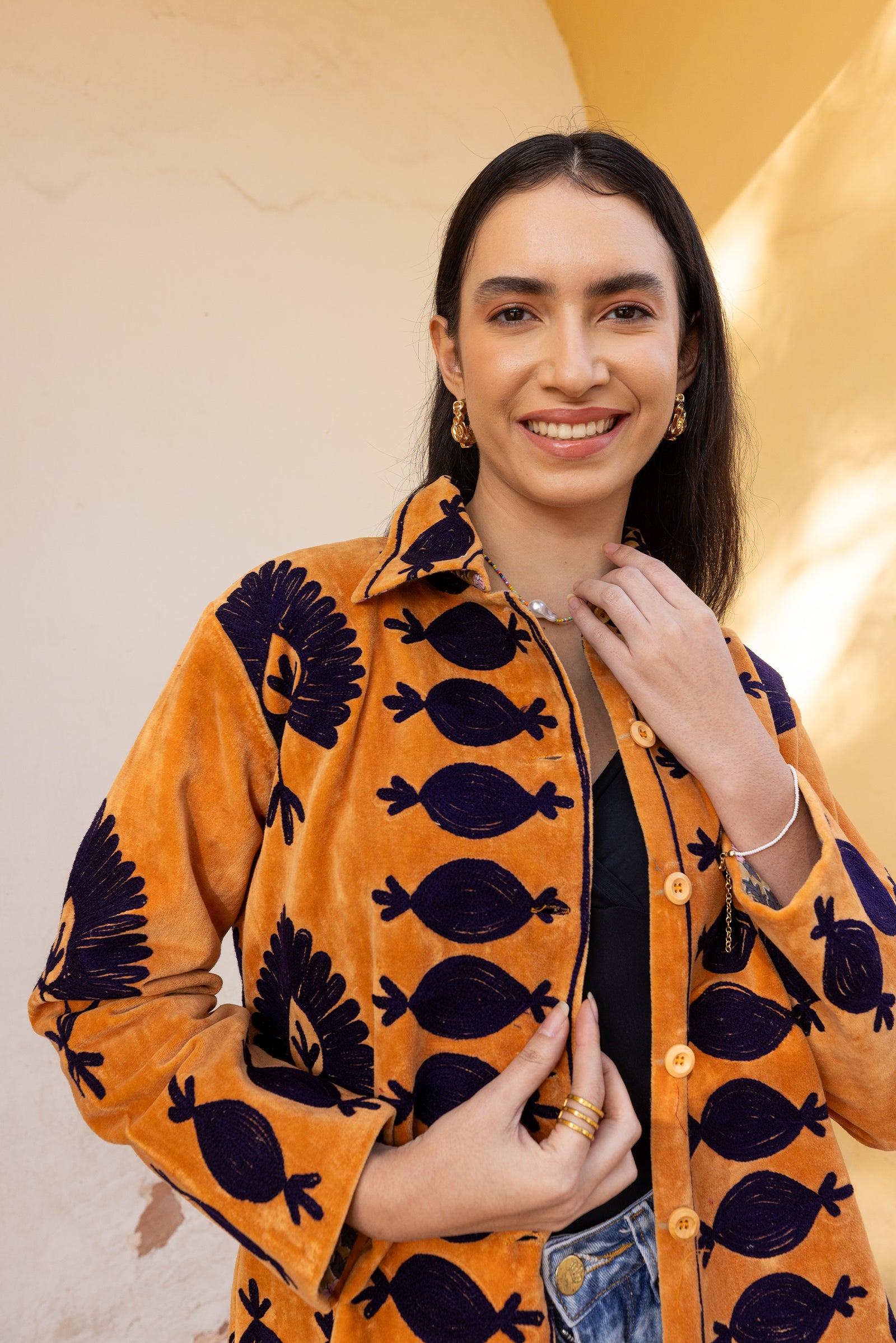 Rust Velvet Blue Appliqué Embroidered Jacket