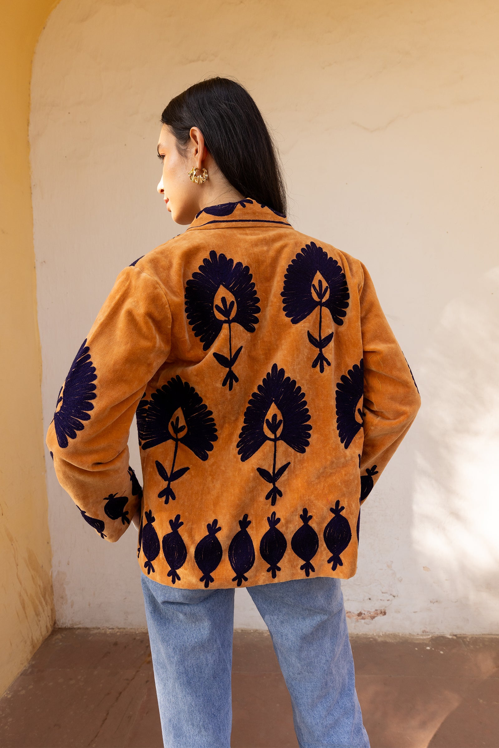 Rust Velvet Blue Appliqué Embroidered Jacket
