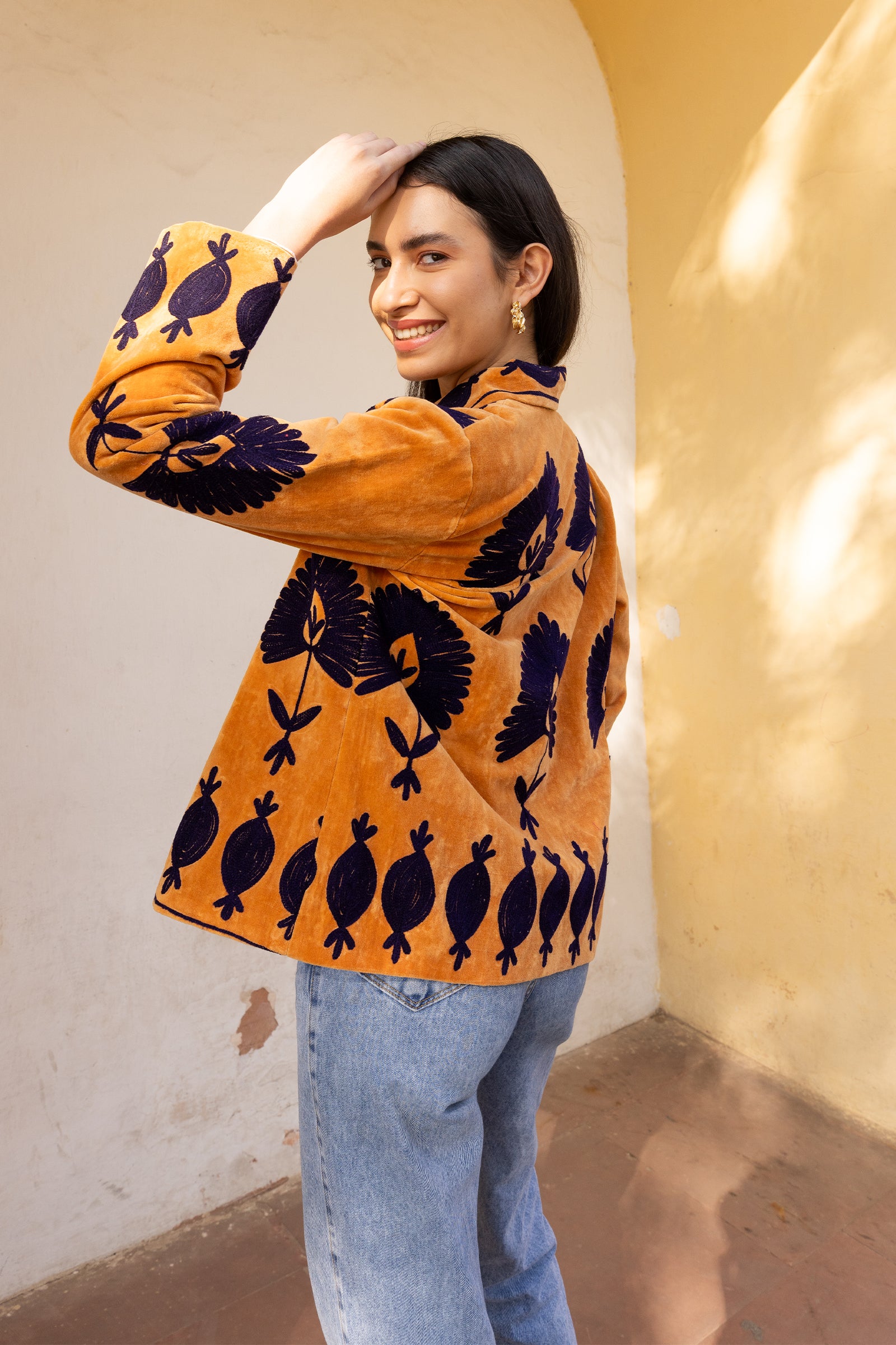 Rust Velvet Blue Appliqué Embroidered Jacket