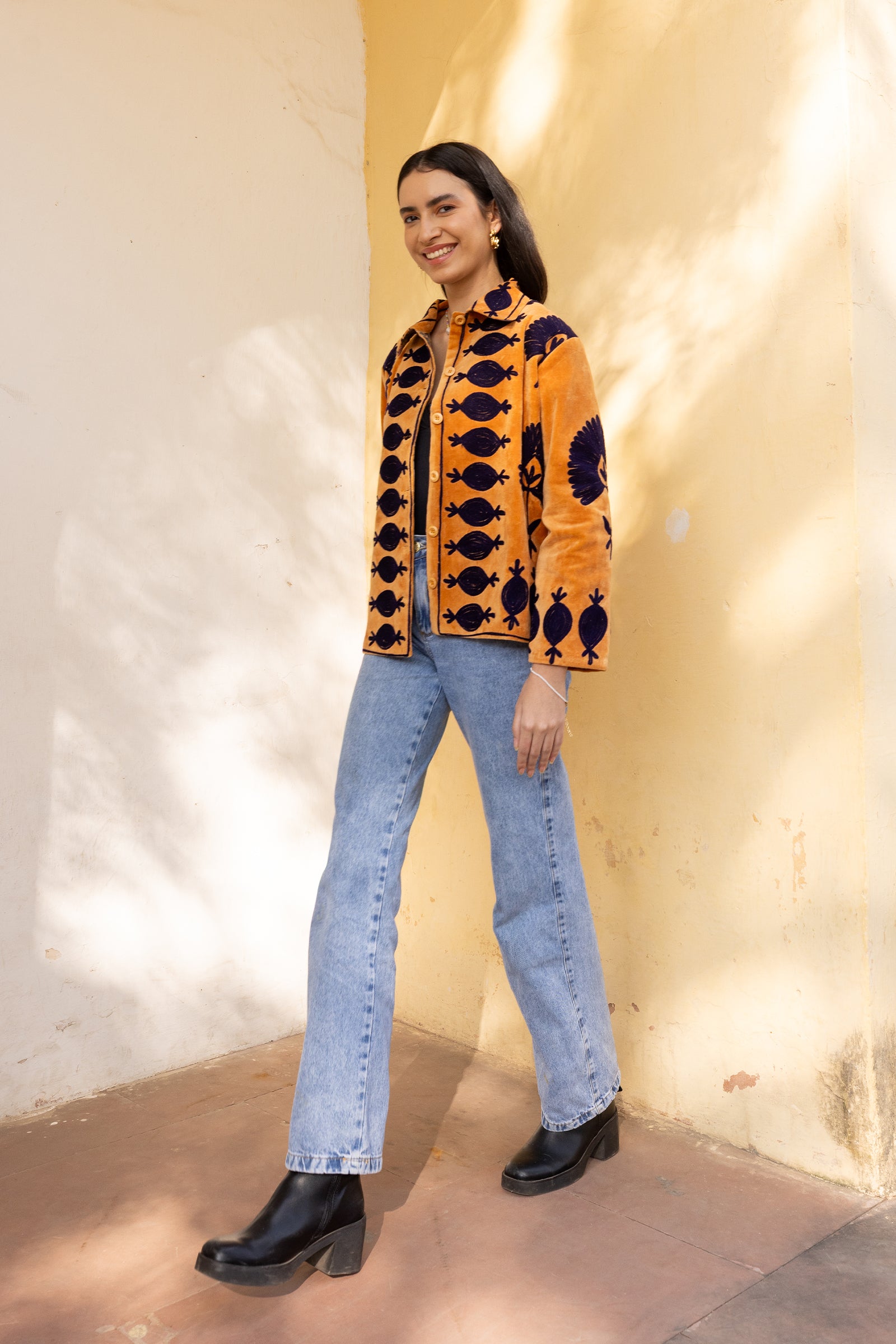 Rust Velvet Blue Appliqué Embroidered Jacket