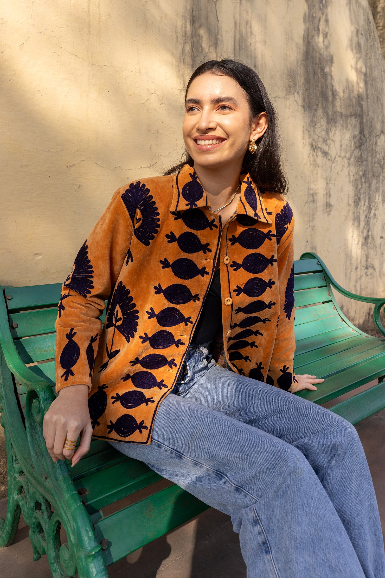 Rust Velvet Blue Appliqué Embroidered Jacket