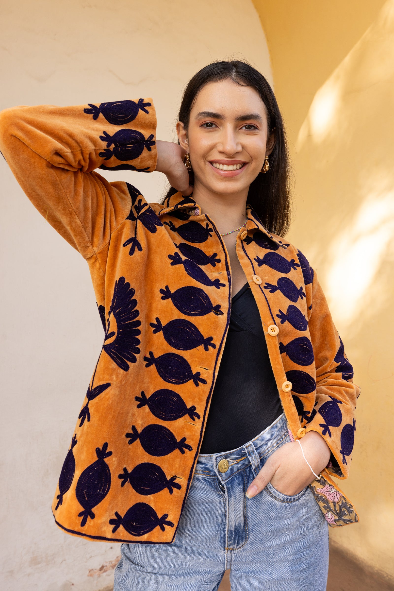 Rust Velvet Blue Appliqué Embroidered Jacket