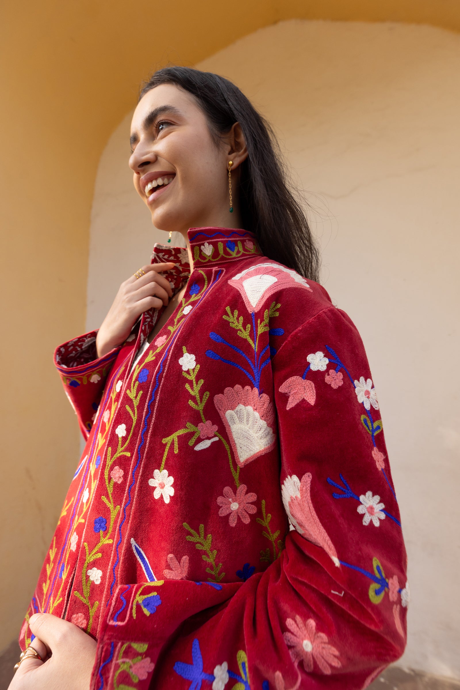Red Velvet Multicolour Embroidered Jacket