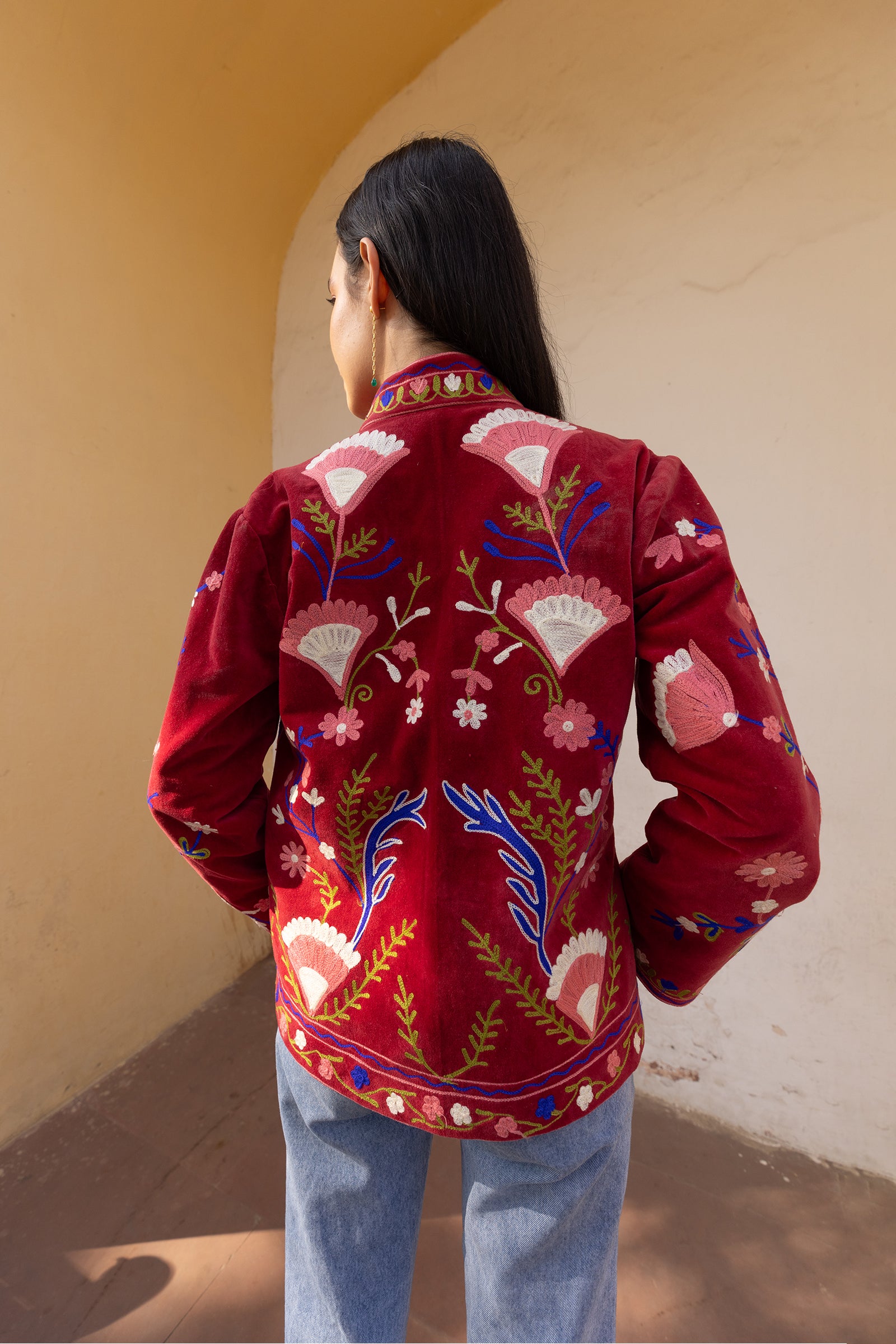 Red Velvet Multicolour Embroidered Jacket