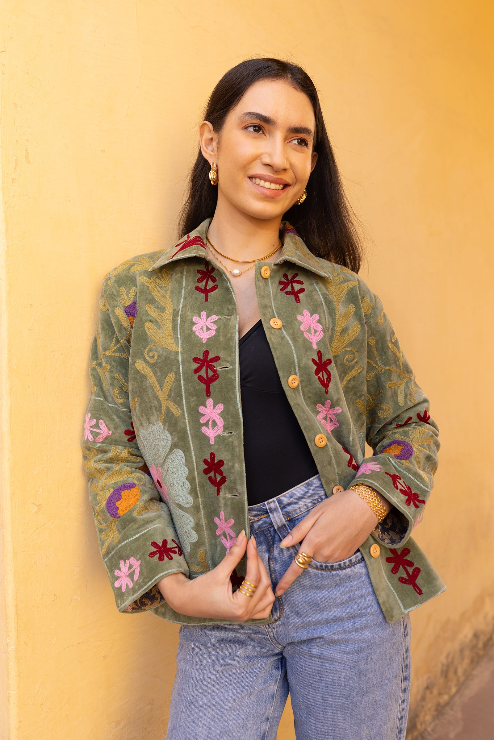 Sage Green Velvet Multicolour Embroidered Jacket