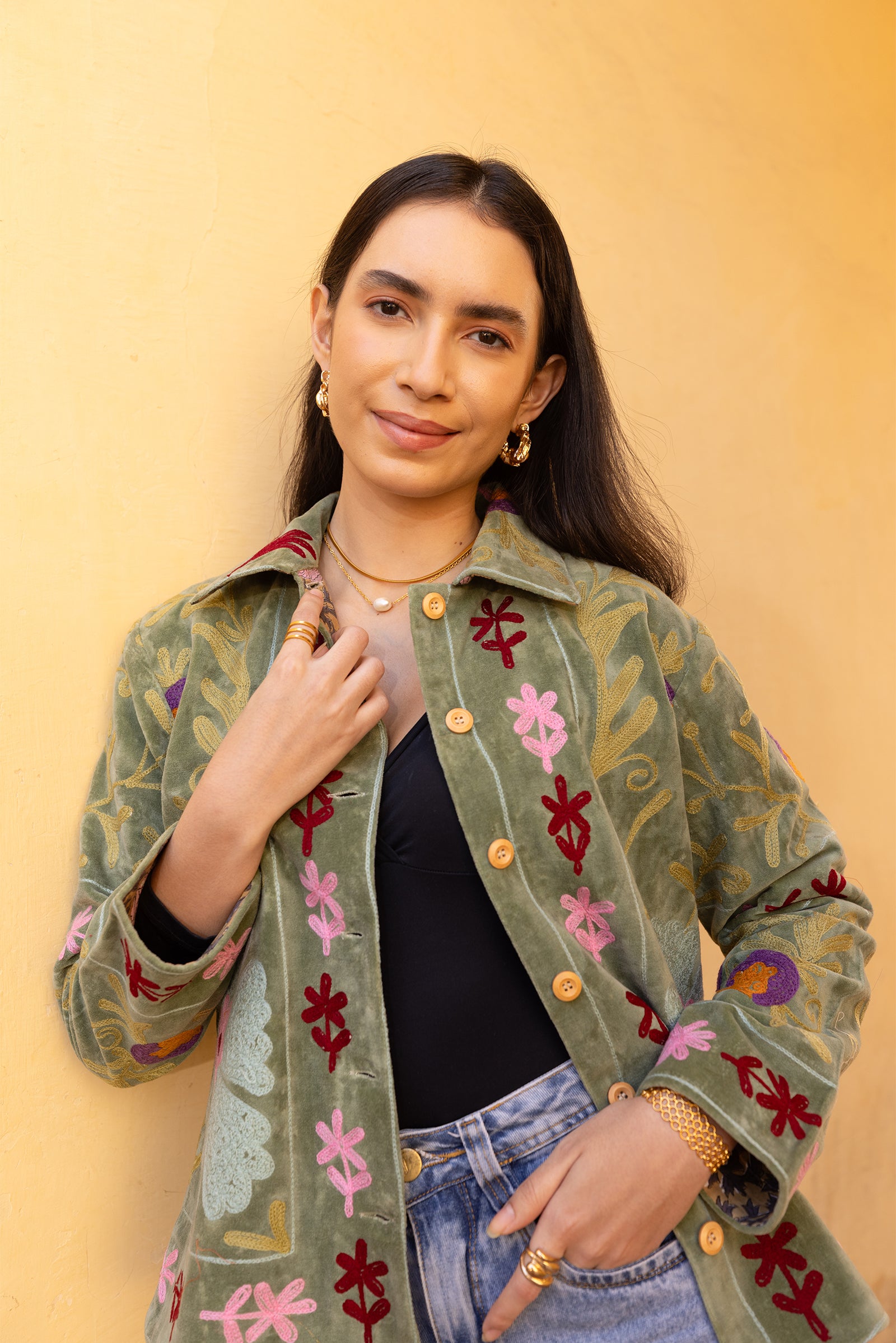 Sage Green Velvet Multicolour Embroidered Jacket