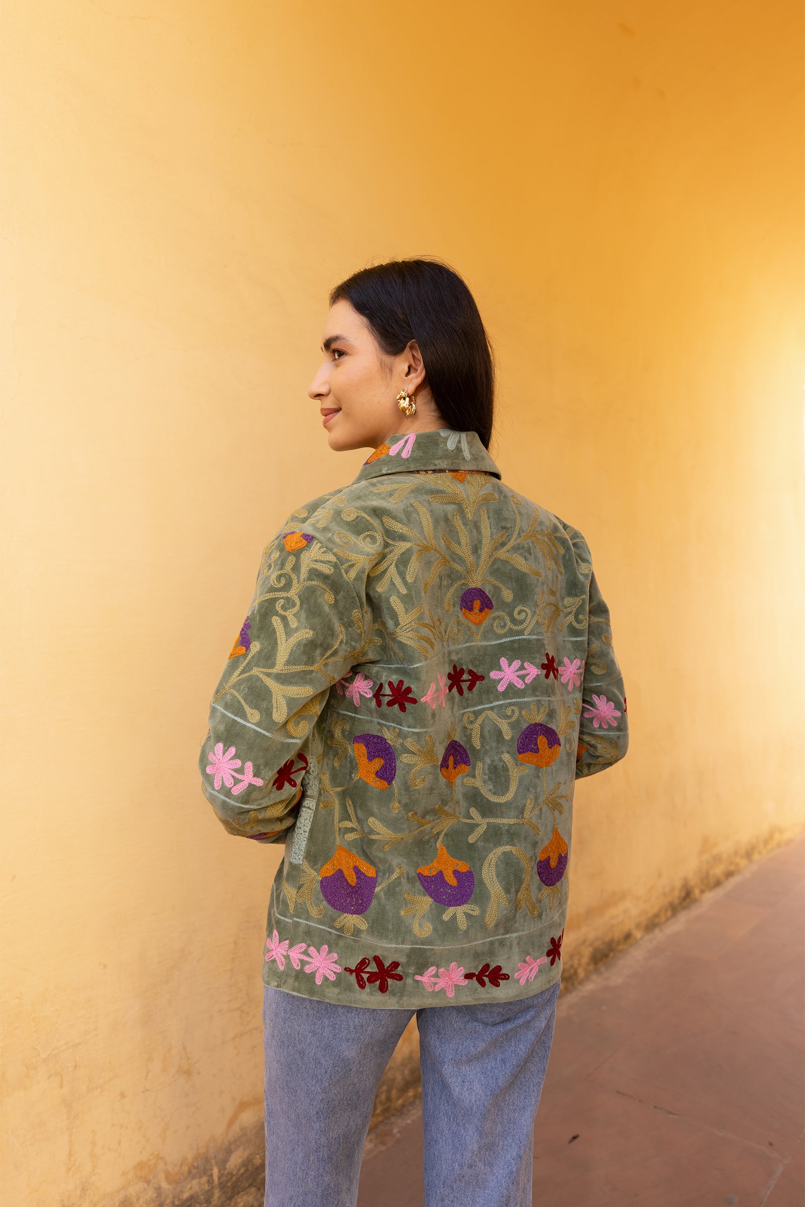 Sage Green Velvet Multicolour Embroidered Jacket