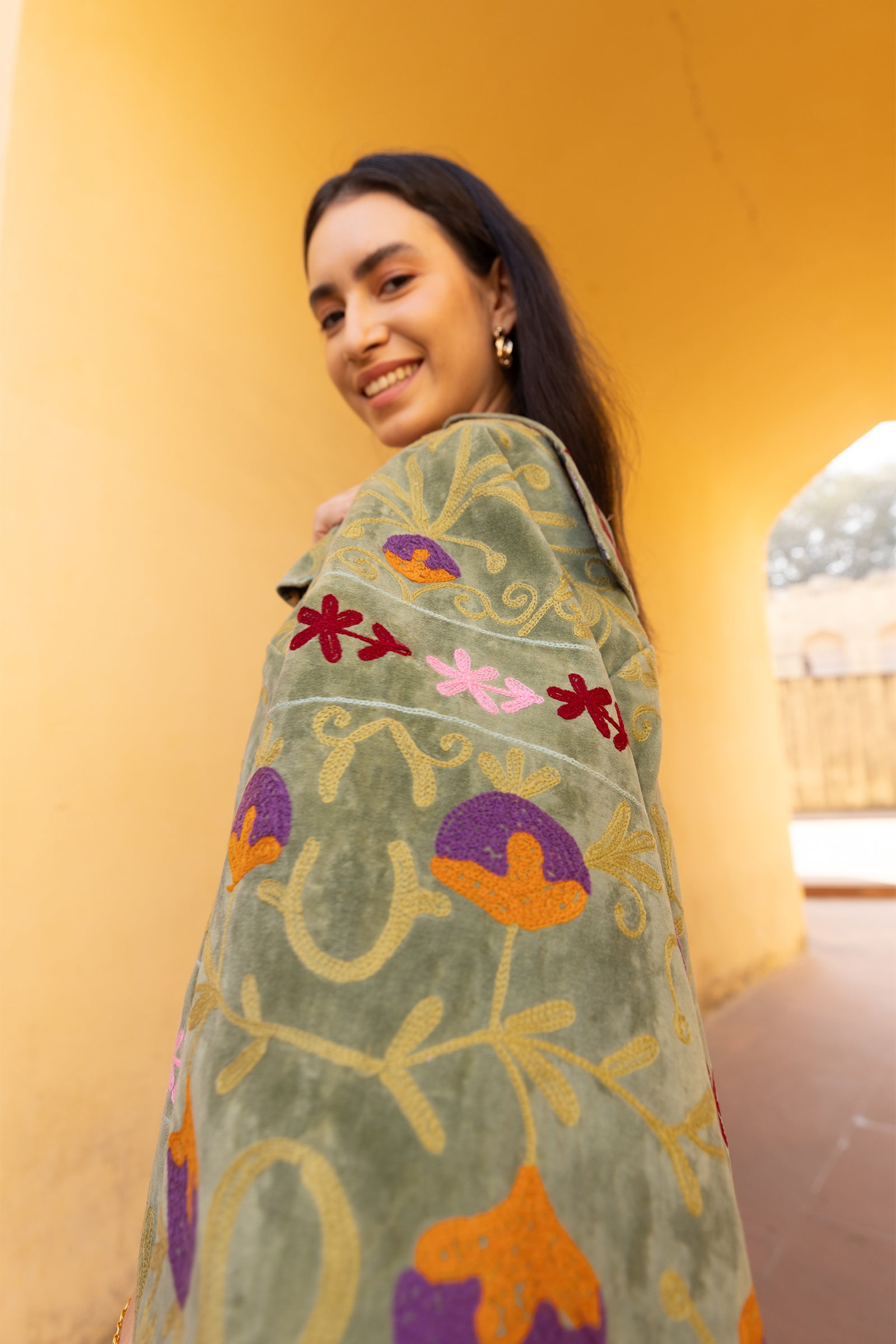 Sage Green Velvet Multicolour Embroidered Jacket