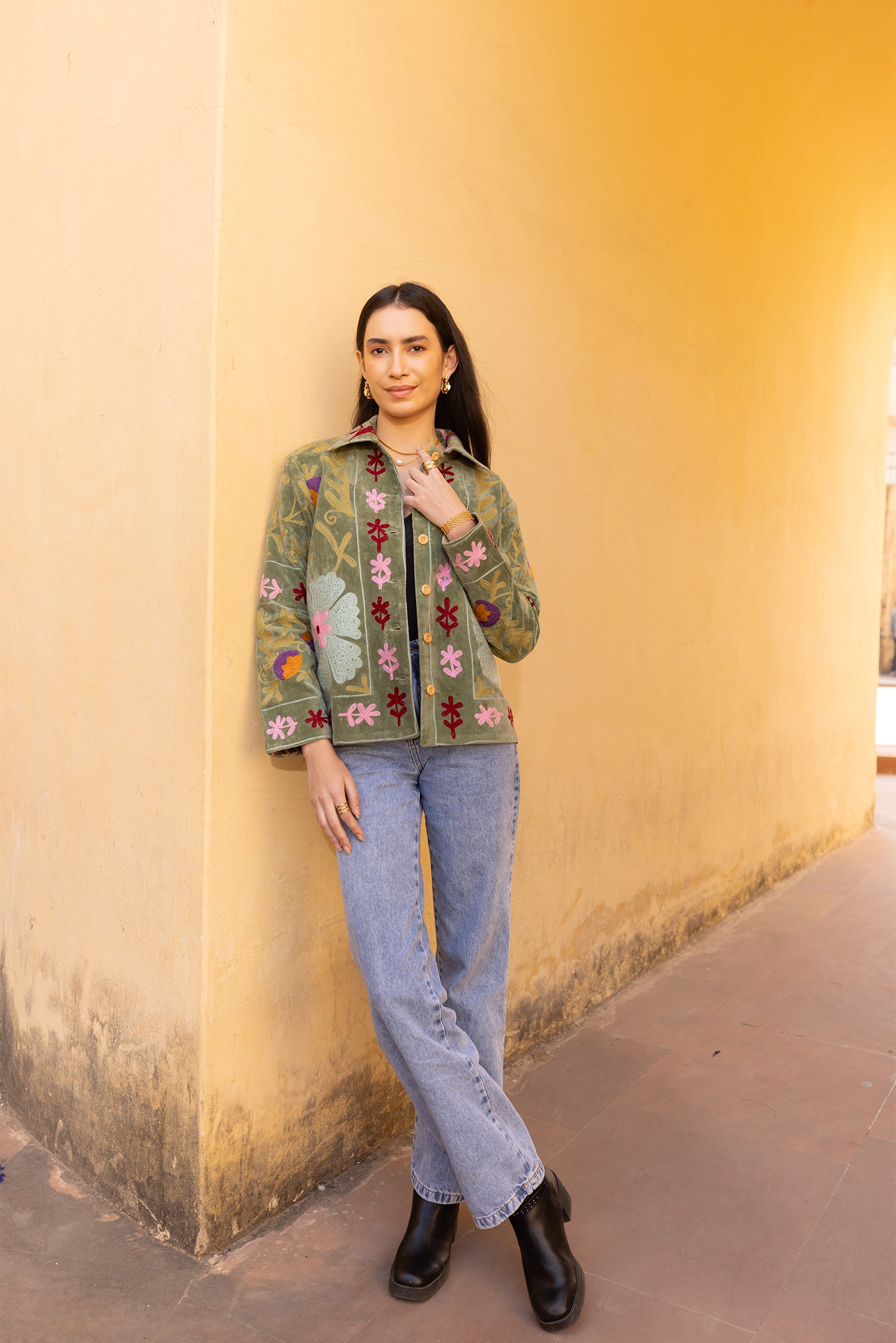 Sage Green Velvet Multicolour Embroidered Jacket