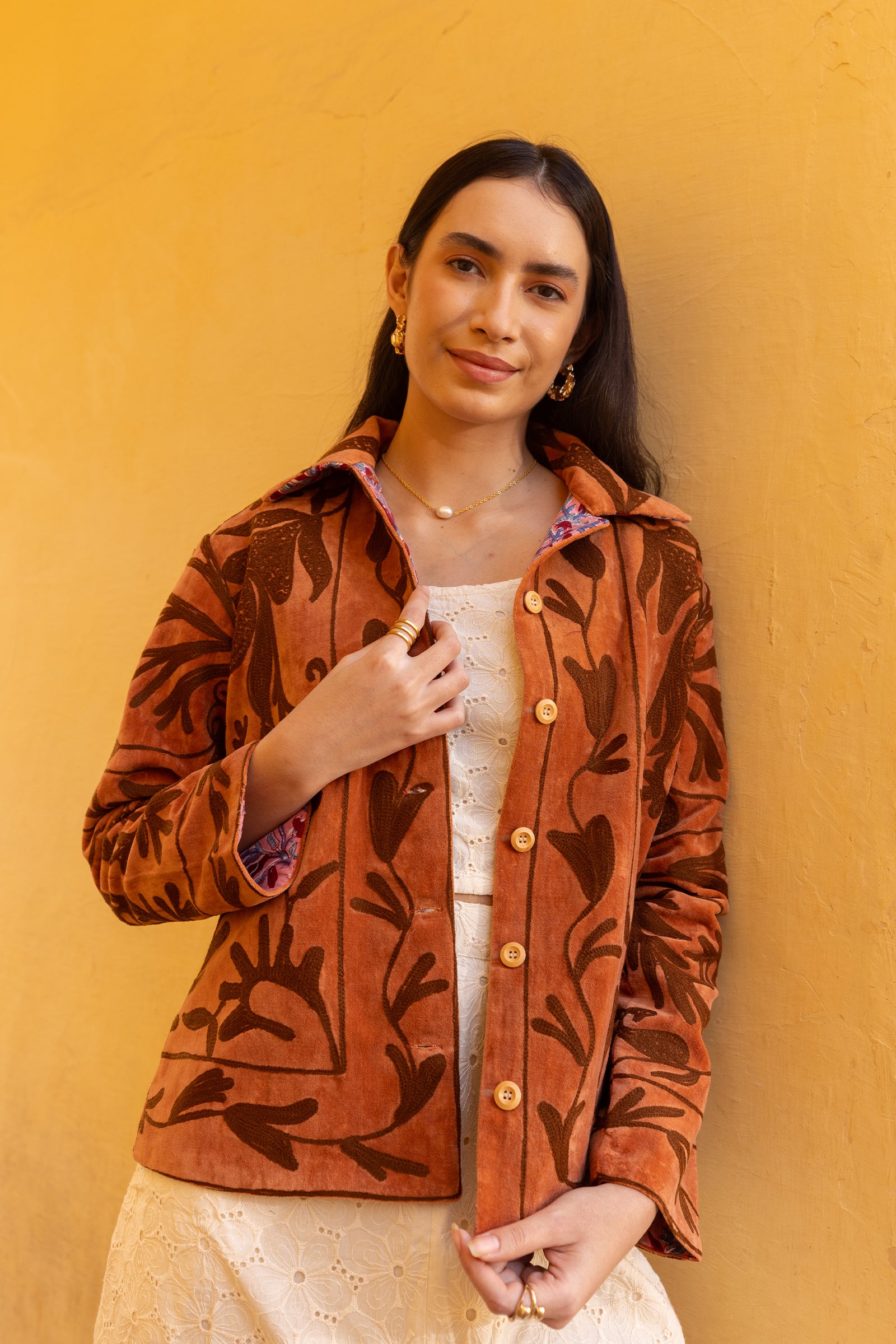 Brown Velvet Jacket With Dark Embroidery