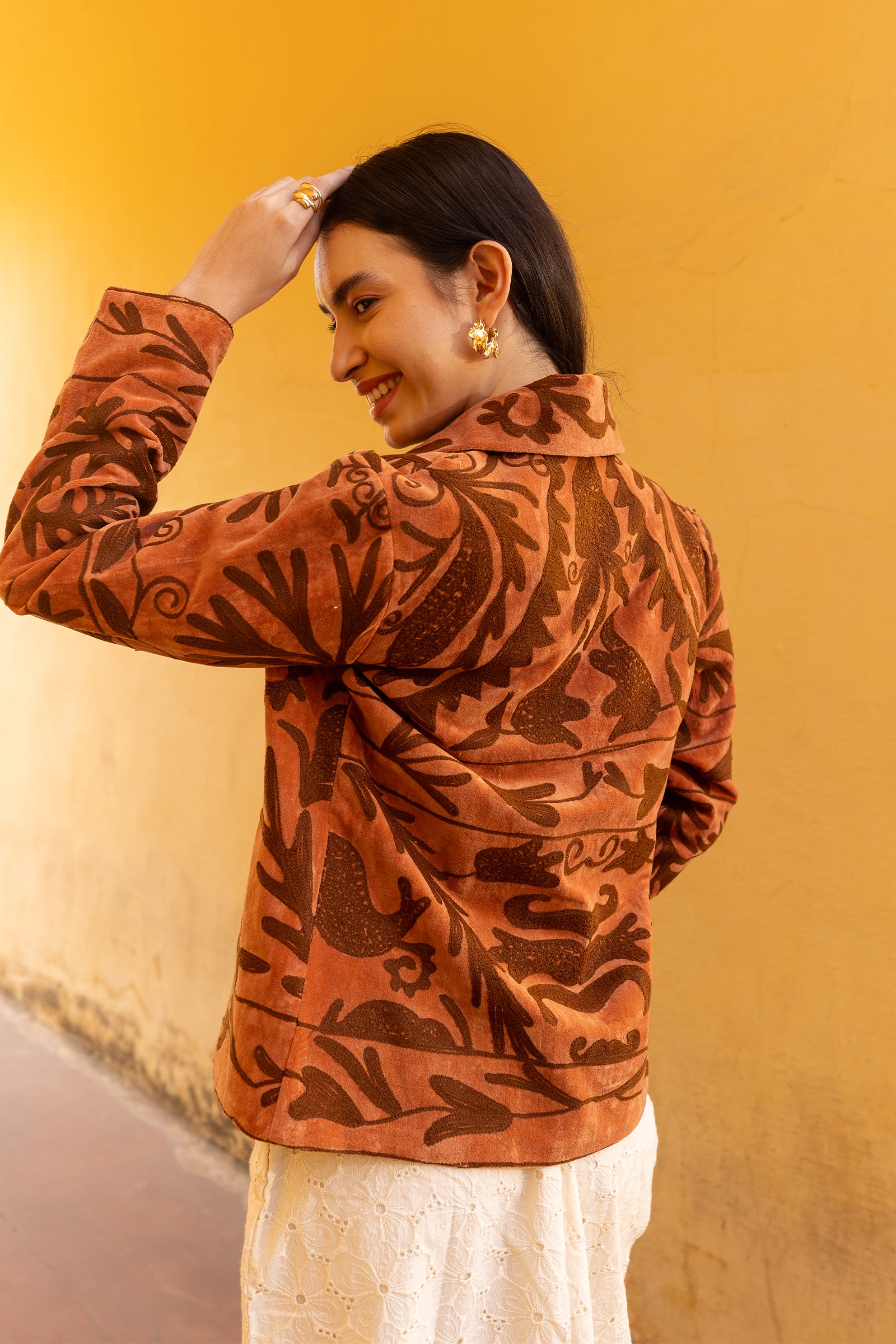 Brown Velvet Jacket With Dark Embroidery