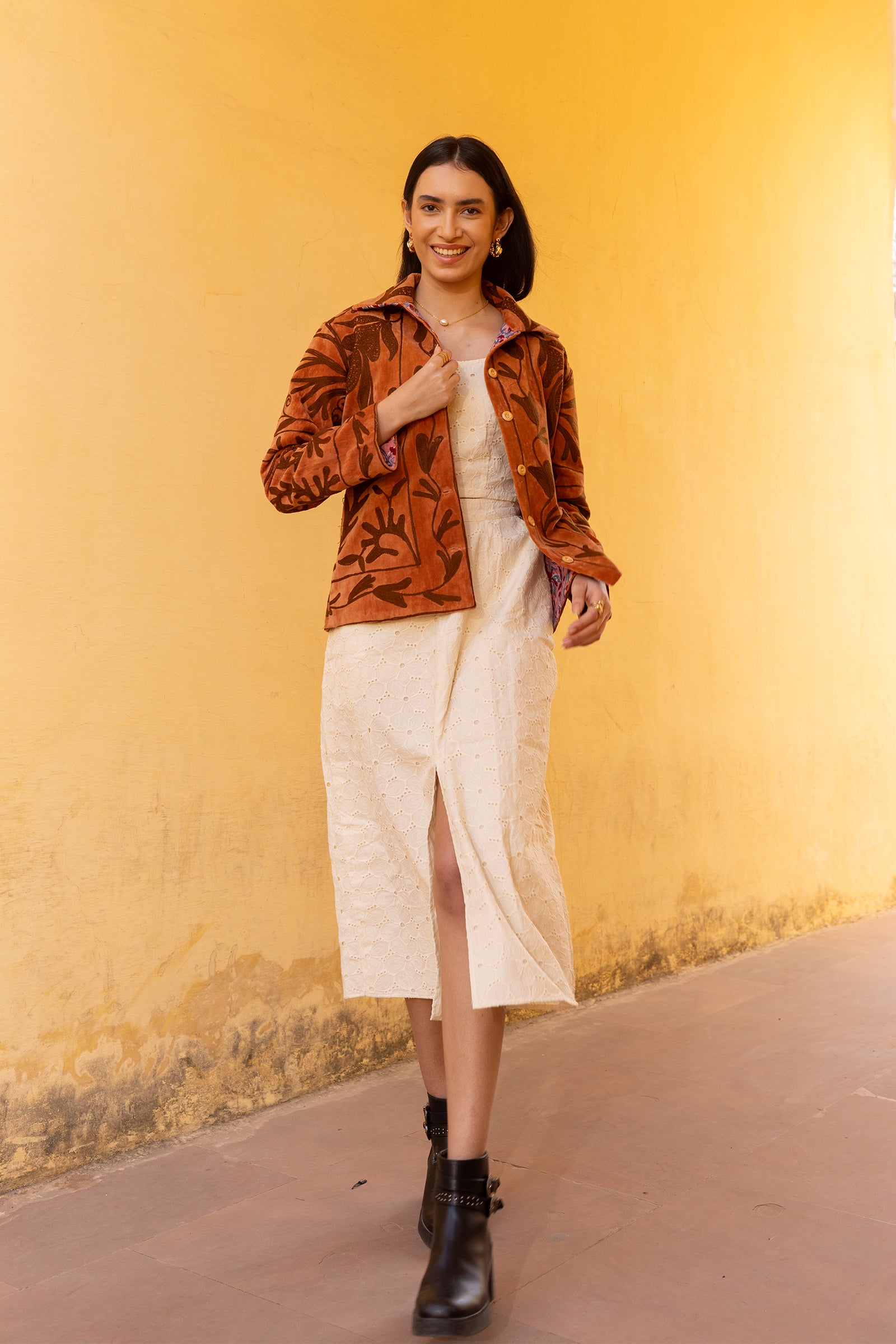 Brown Velvet Jacket With Dark Embroidery