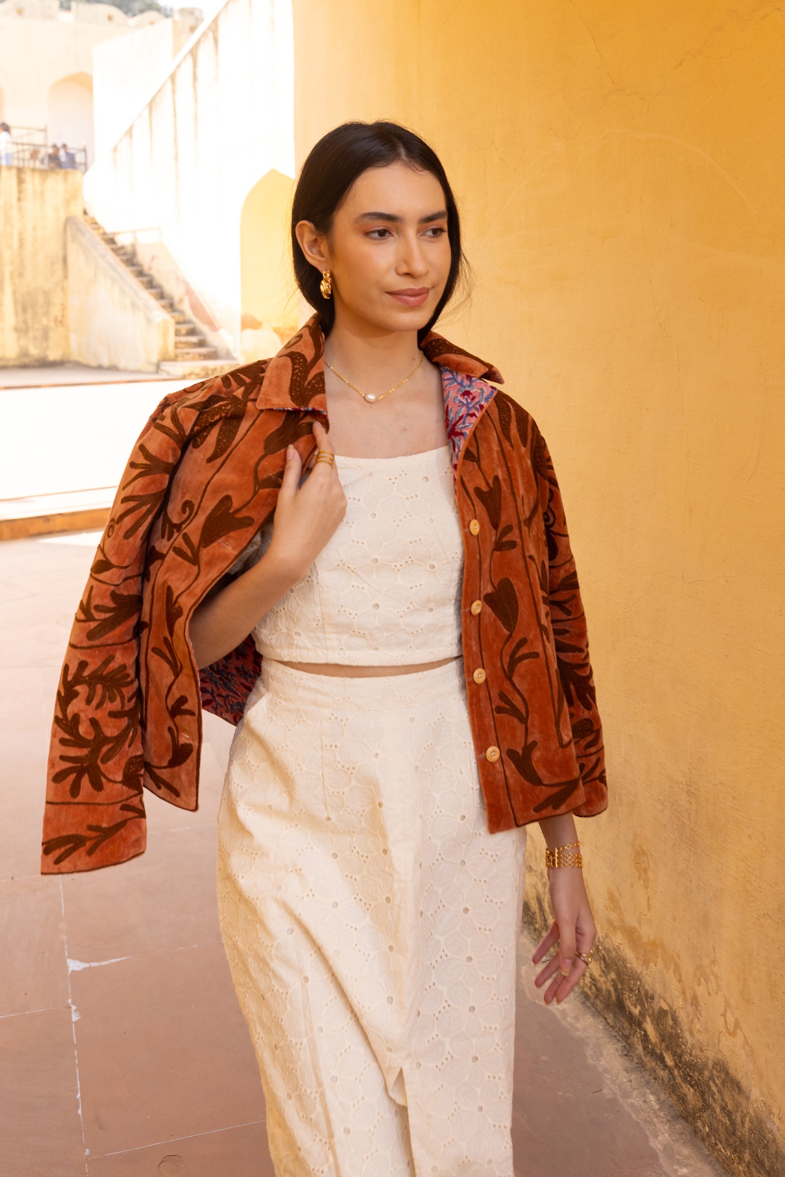 Brown Velvet Jacket With Dark Embroidery