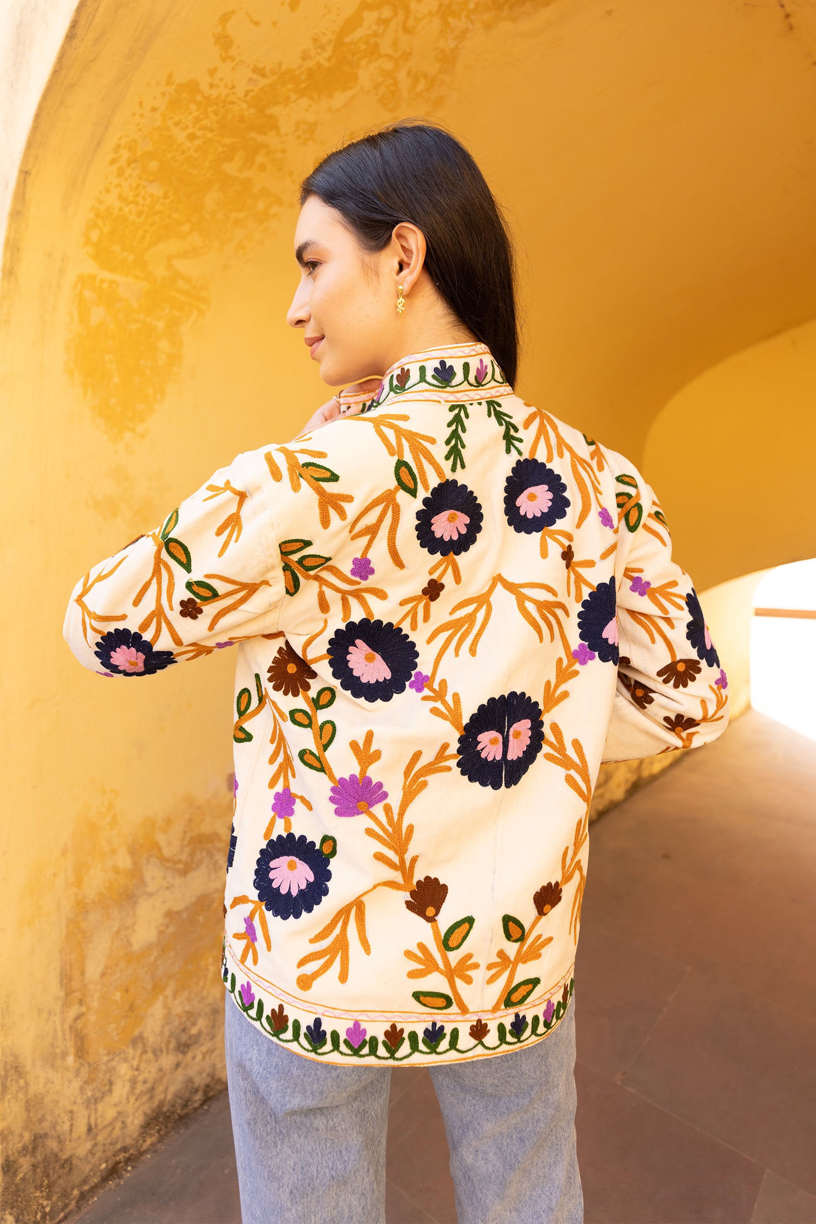 Off-White Velvet Multicolour Embroidered Jacket