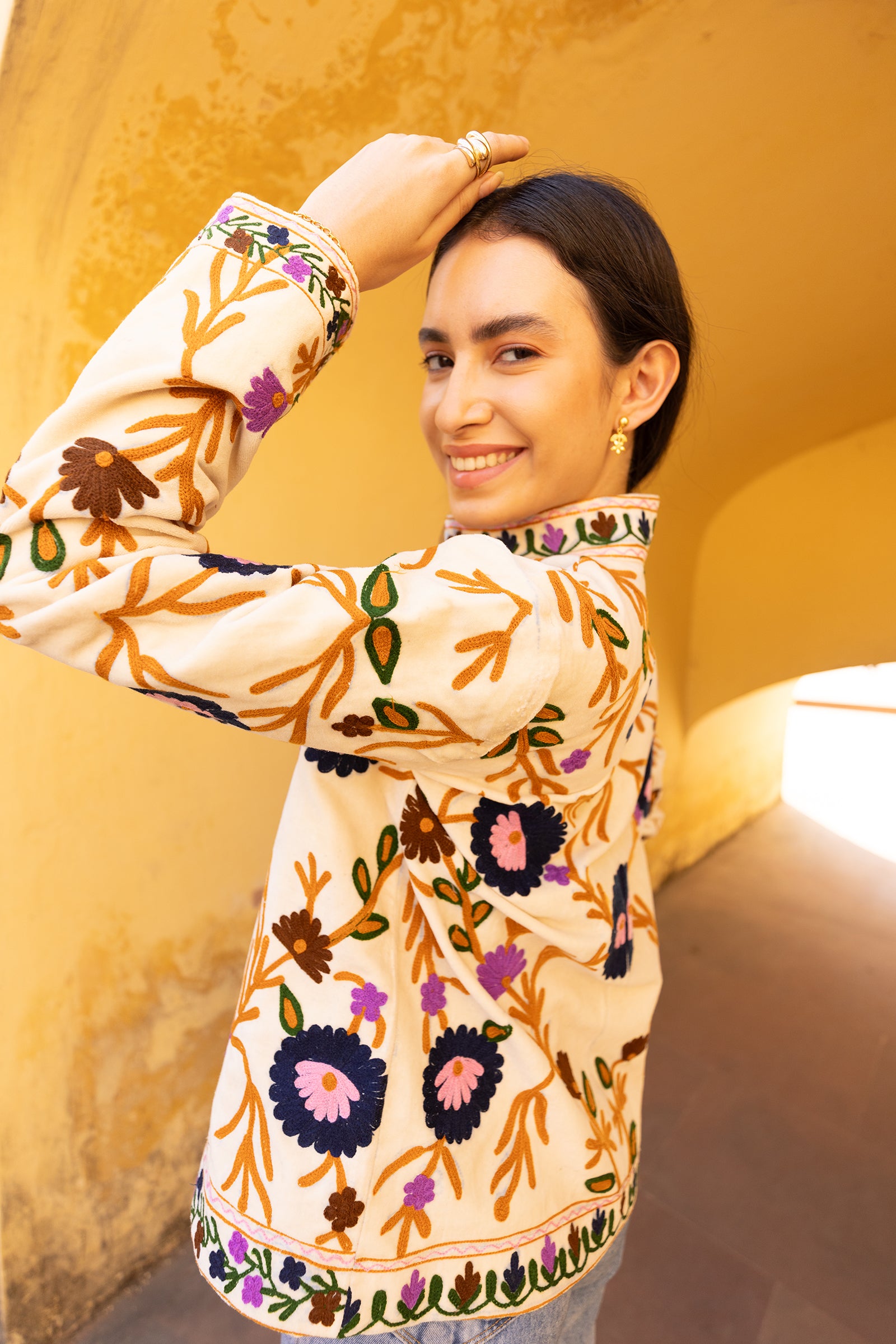 Off-White Velvet Multicolour Embroidered Jacket