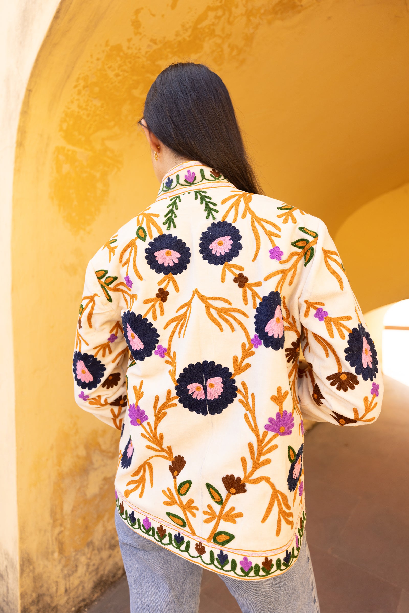 Off-White Velvet Multicolour Embroidered Jacket