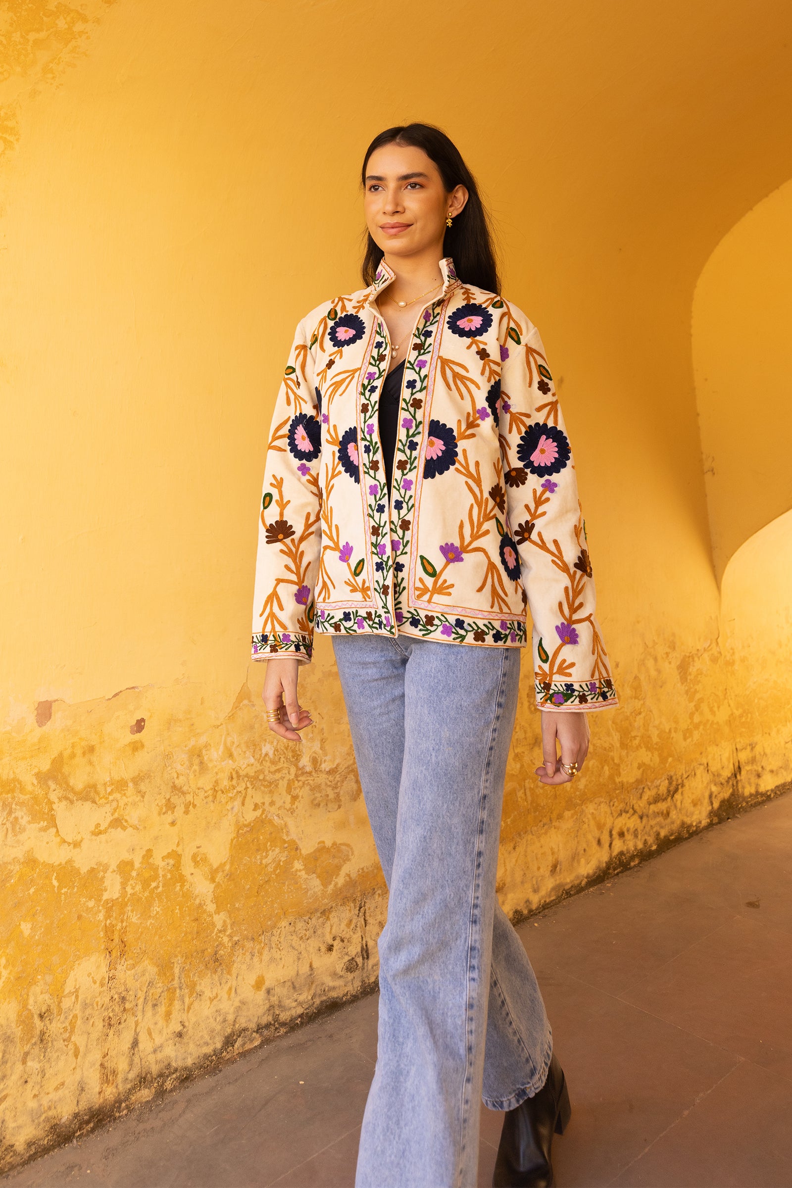 Off-White Velvet Multicolour Embroidered Jacket