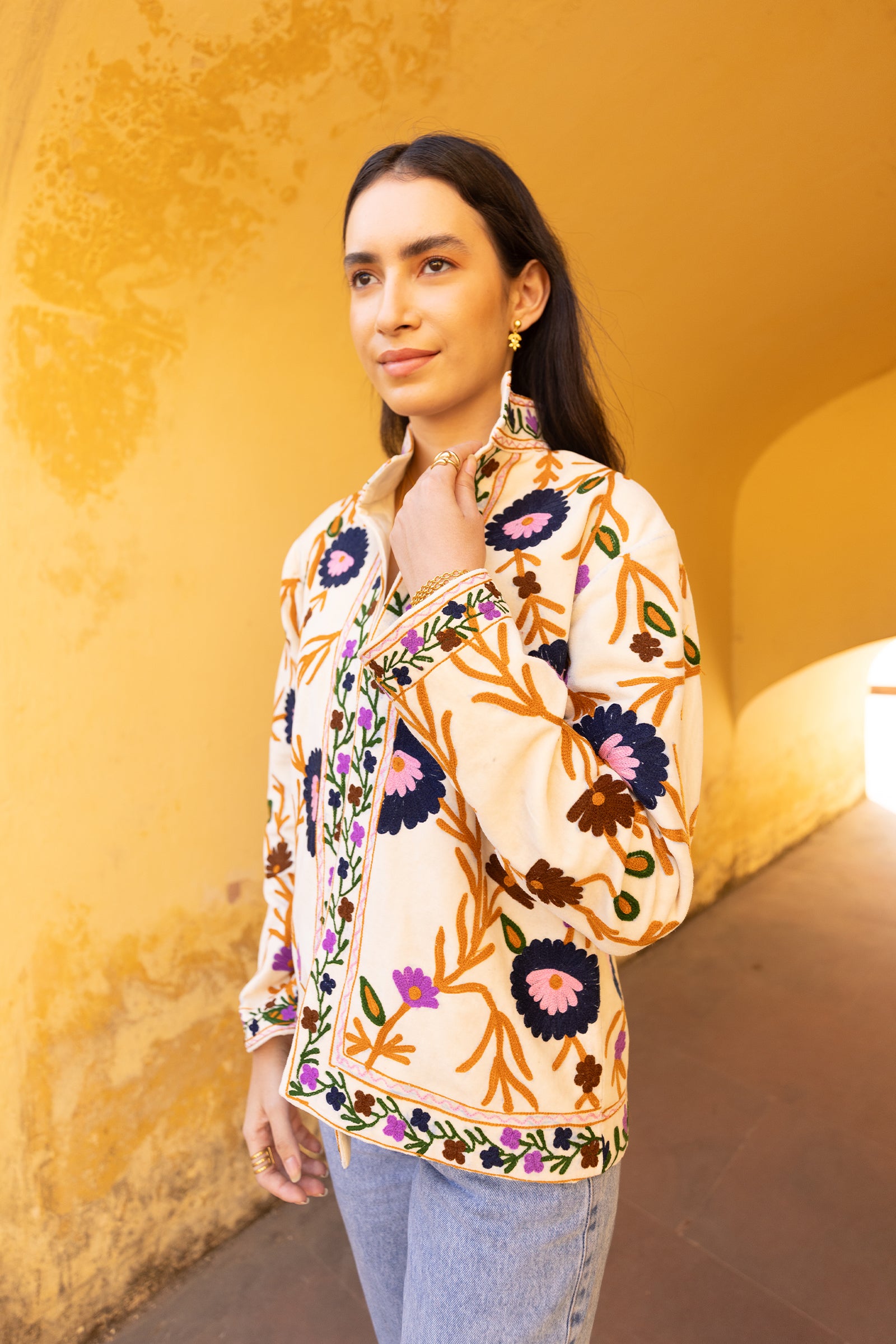 Off-White Velvet Multicolour Embroidered Jacket