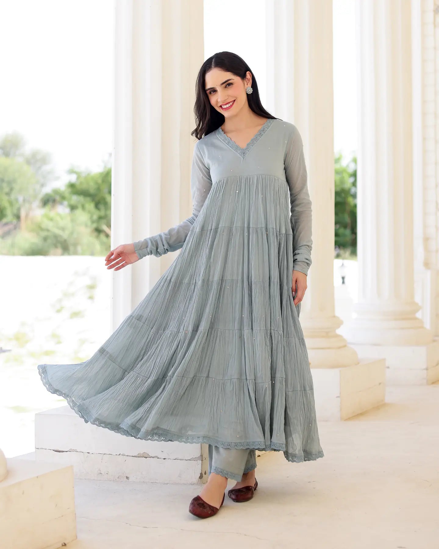 Aster Greyish Blue Cotton Mulmul Taari Embroidered Anarkali Suit Set - AS-TTME-11 (3)