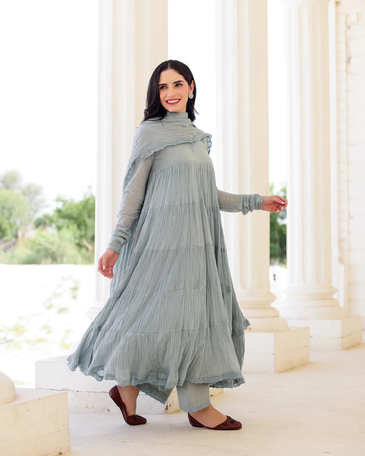 Aster Greyish Blue Cotton Mulmul Taari Embroidered Anarkali Suit Set - AS-TTME-11 (5)