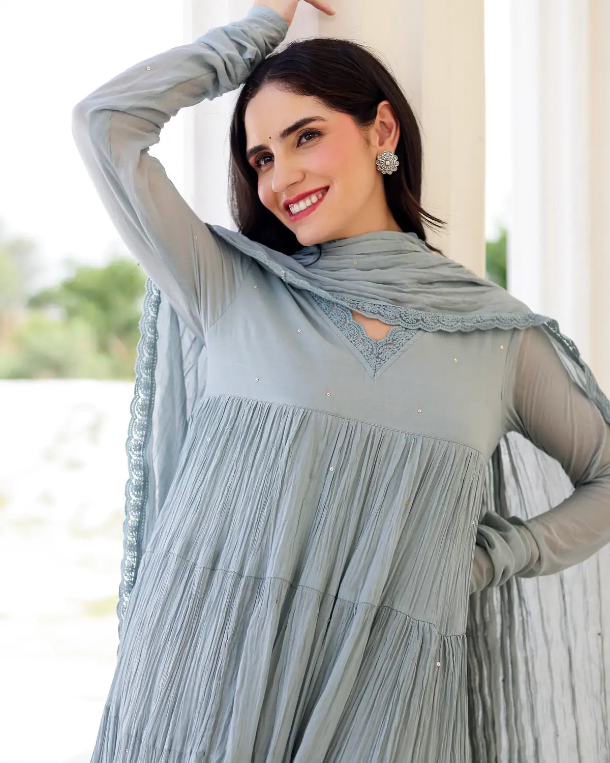 Aster Greyish Blue Cotton Mulmul Taari Embroidered Anarkali Suit Set - AS-TTME-11 (6)