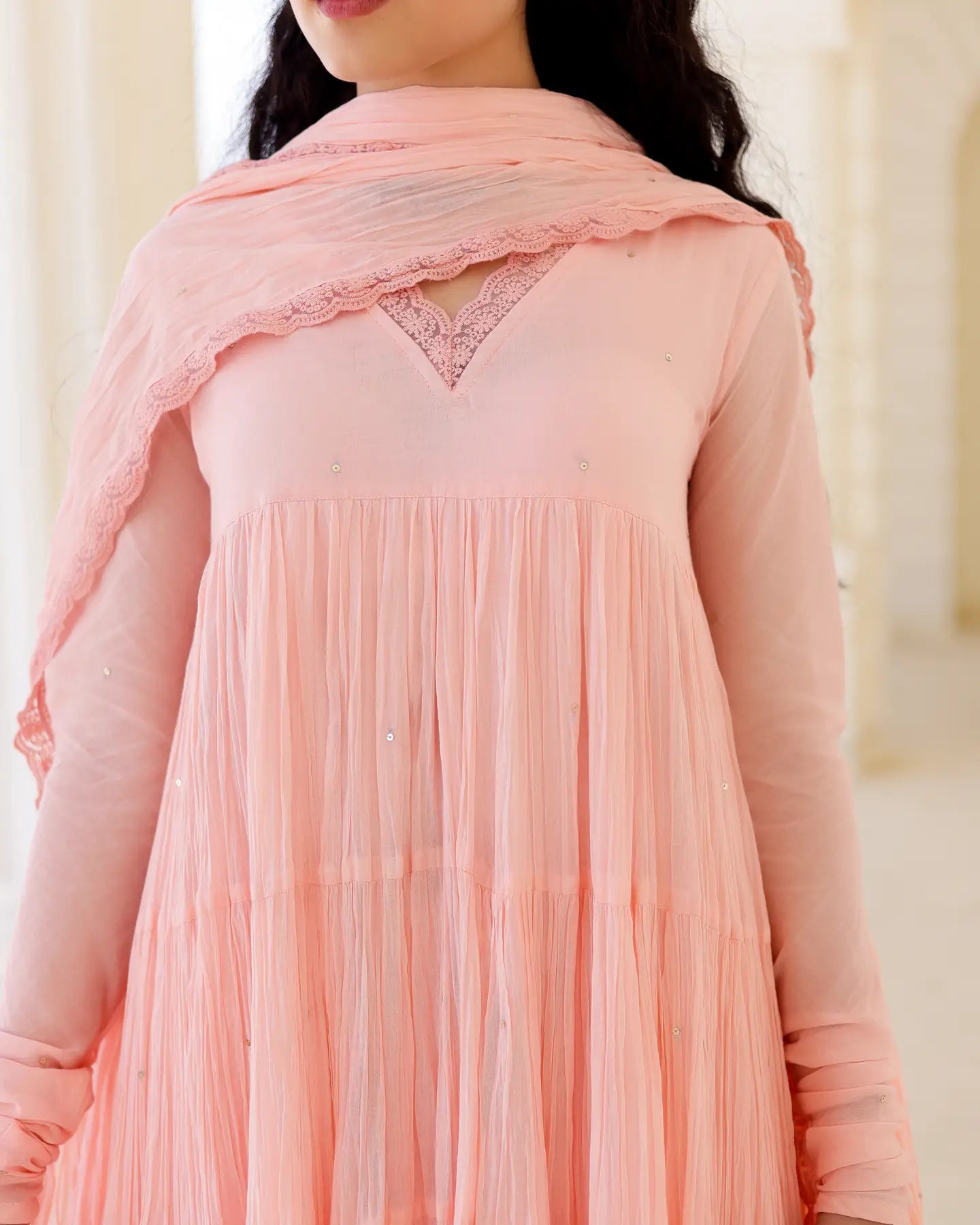 Roselle Blush Peach Cotton Mulmul Tiered Anarkali Suit Set with Dupatta - AS-TTME-13 (1)