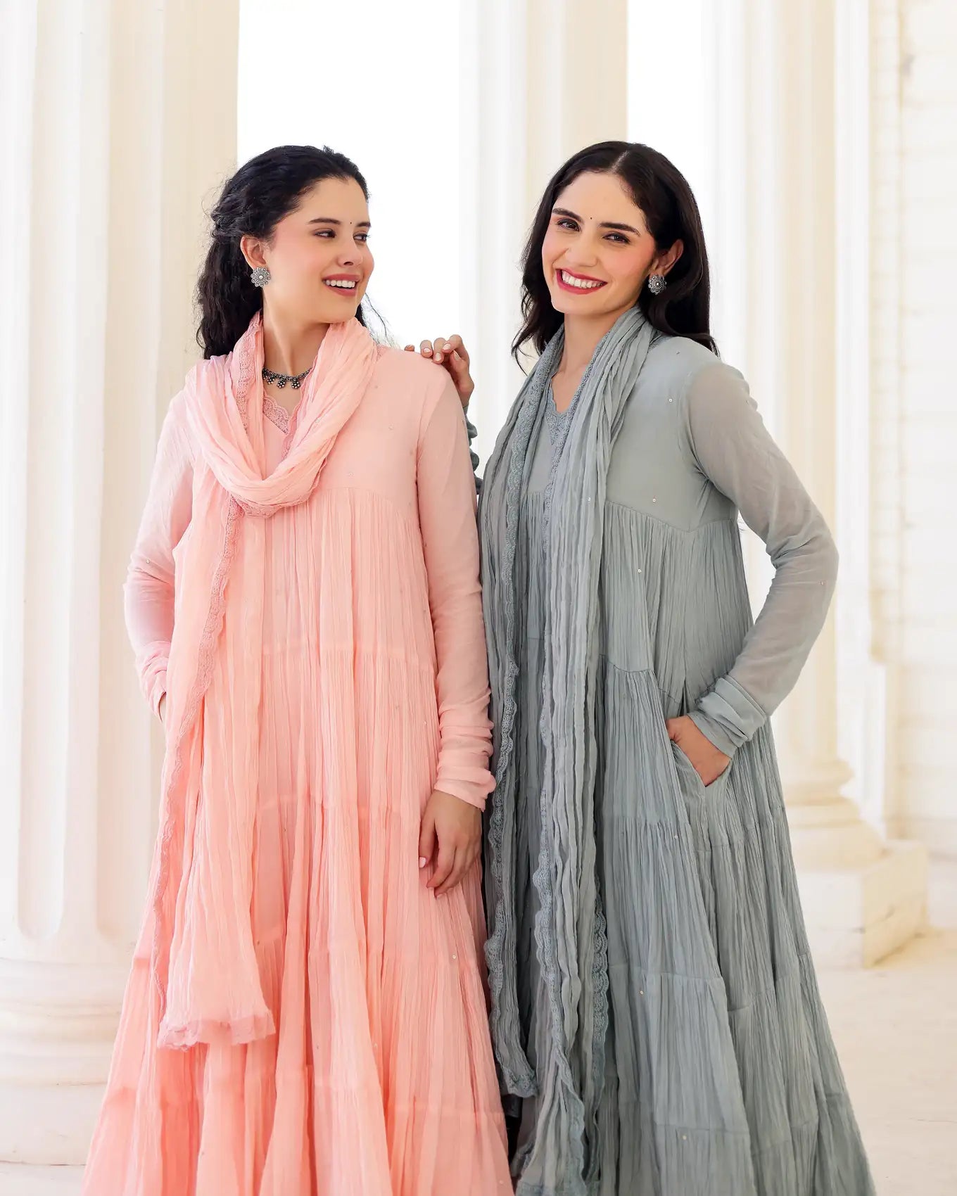 Roselle Blush Peach Cotton Mulmul Tiered Anarkali Suit Set with Dupatta - AS-TTME-13 (2)