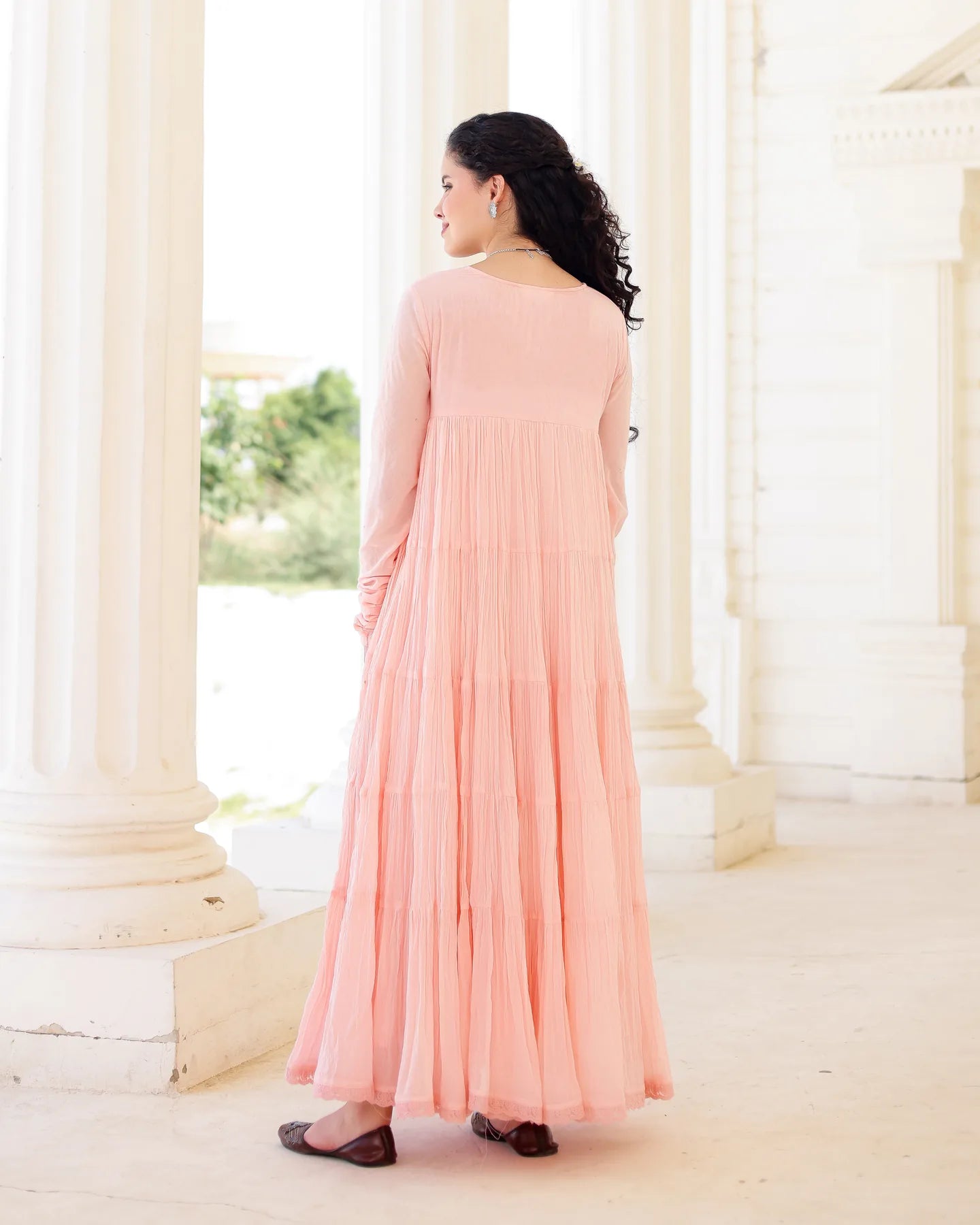 Roselle Blush Peach Cotton Mulmul Tiered Anarkali Suit Set with Dupatta - AS-TTME-13 (3)