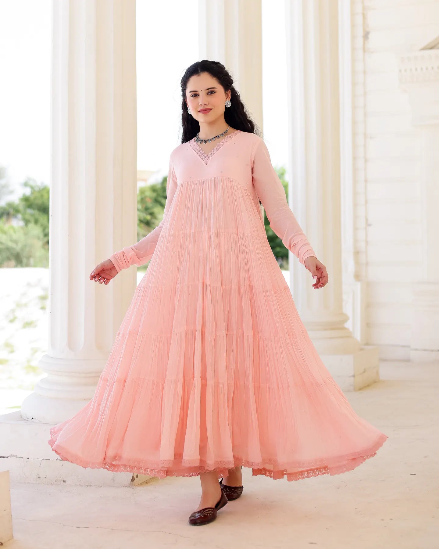 Roselle Blush Peach Cotton Mulmul Tiered Anarkali Suit Set with Dupatta - AS-TTME-13 (4)