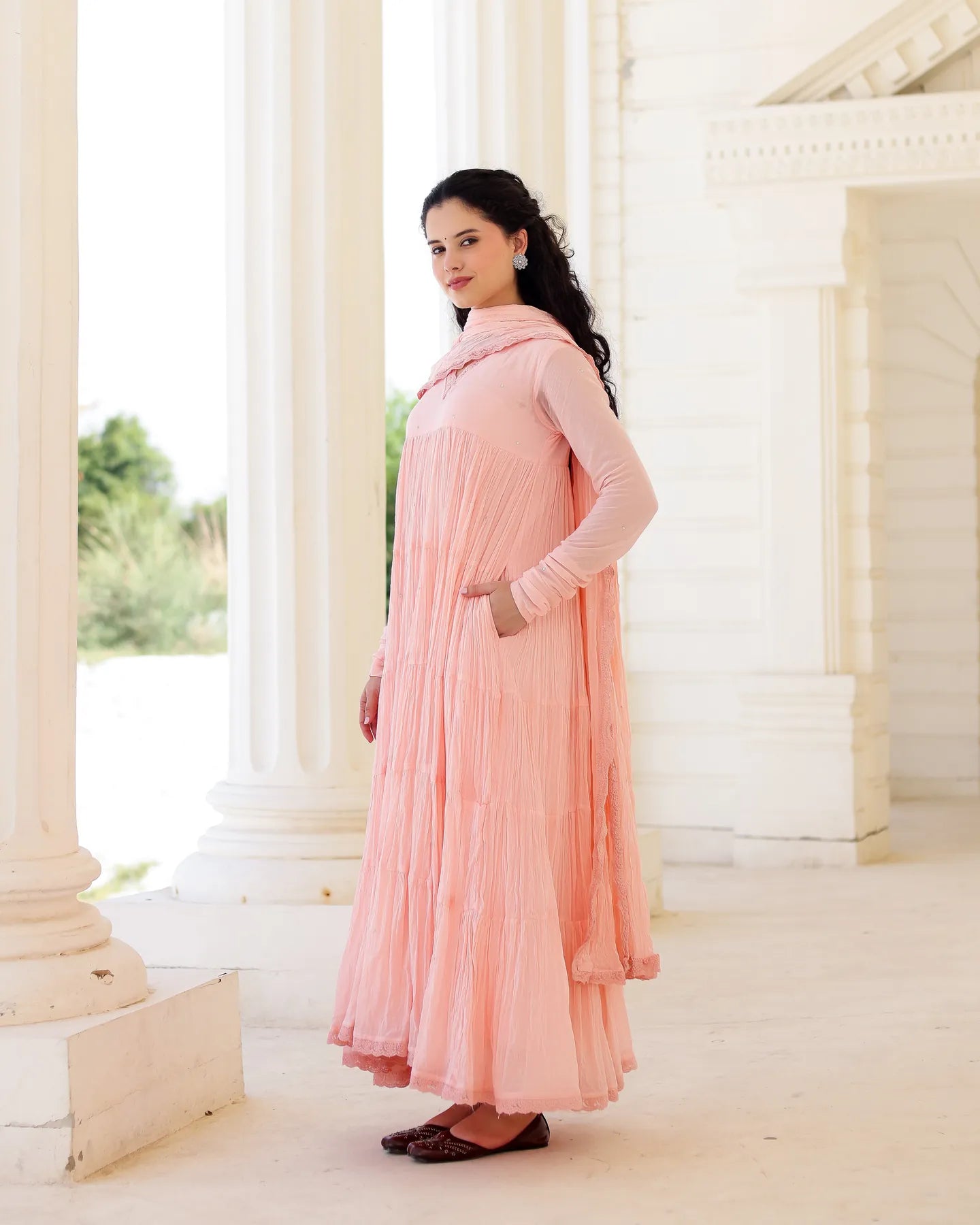 Roselle Blush Peach Cotton Mulmul Tiered Anarkali Suit Set with Dupatta - AS-TTME-13 (6)