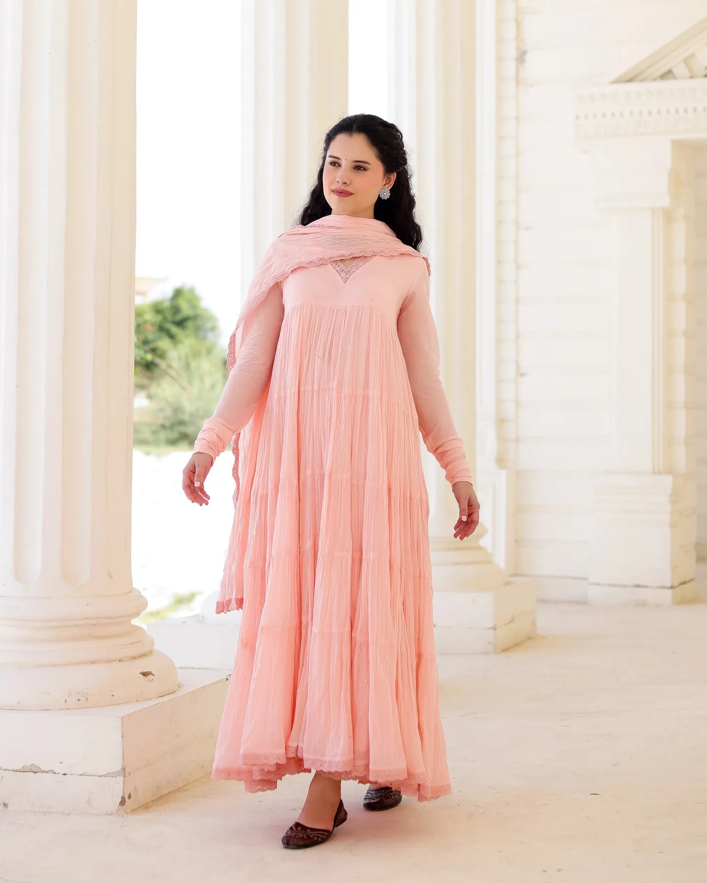 Roselle Blush Peach Cotton Mulmul Tiered Anarkali Suit Set with Dupatta - AS-TTME-13 (7)