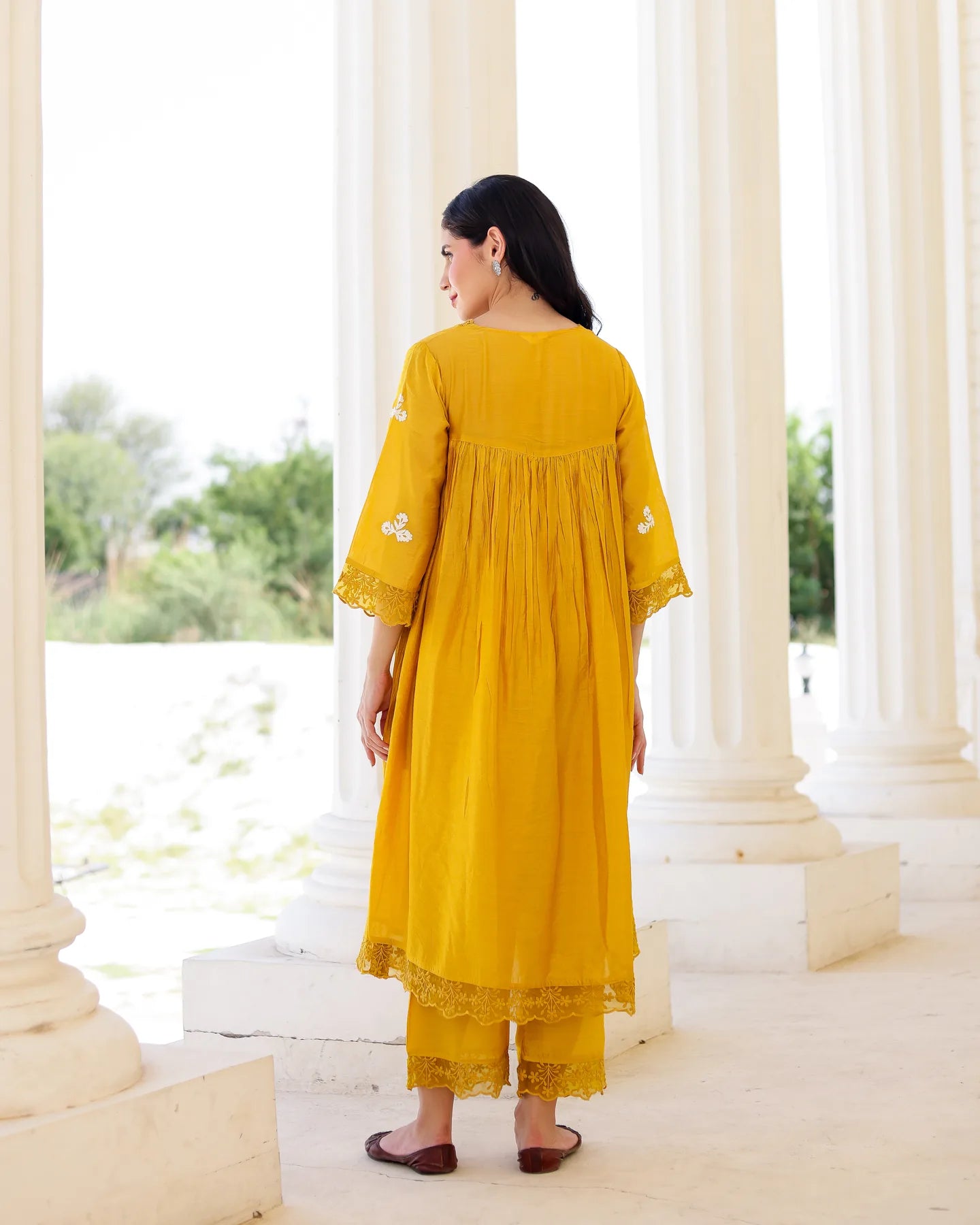 Solea Golden Chanderi Aari Embroidered Kurta Palazzo Set with Lace Dupatta - AS-TTME-14 (2)
