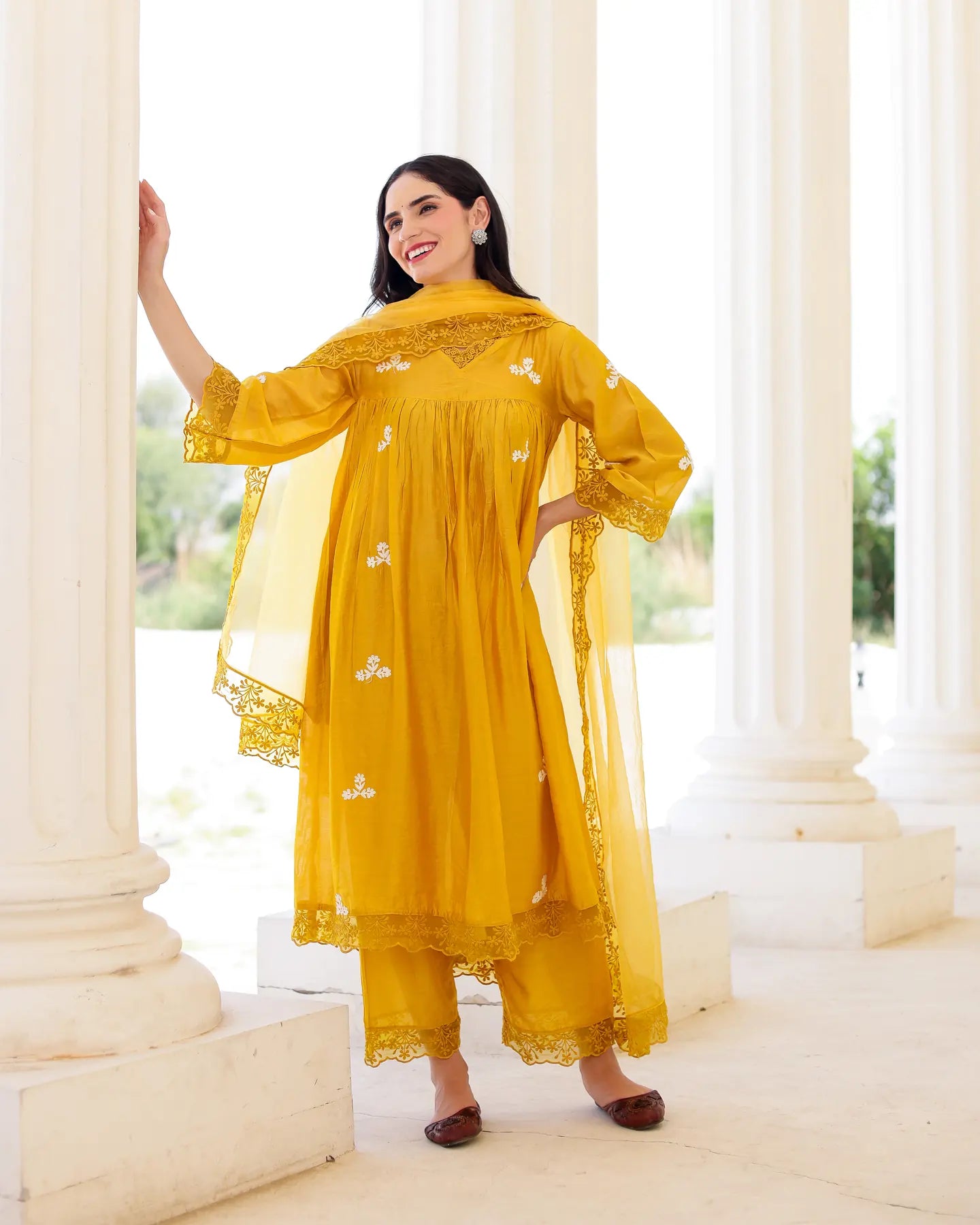 Solea Golden Chanderi Aari Embroidered Kurta Palazzo Set with Lace Dupatta - AS-TTME-14 (7)