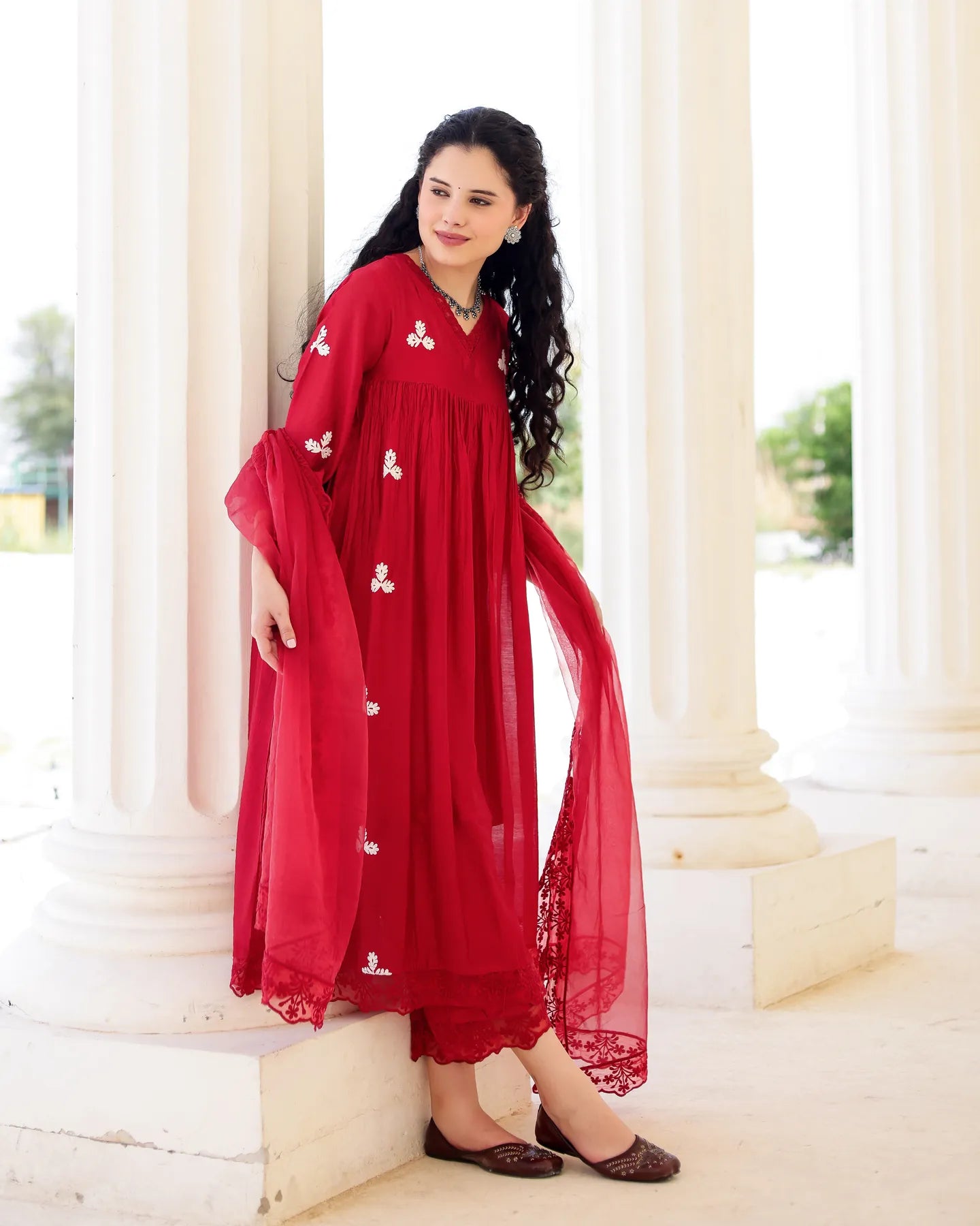 Rouge Ruby Red Chanderi Aari Embroidered Kurta Palazzo Set with Dupatta - AS-TTME-15 (1)