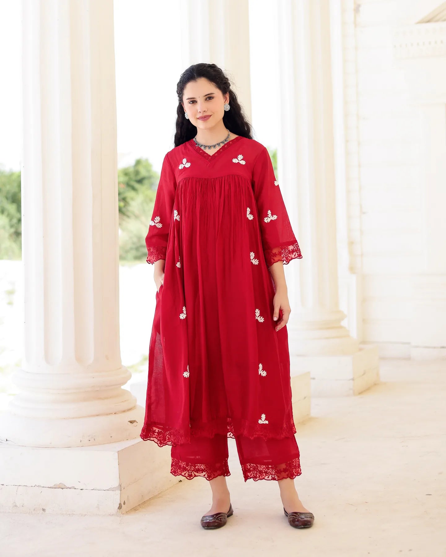 Rouge Ruby Red Chanderi Aari Embroidered Kurta Palazzo Set with Dupatta - AS-TTME-15 (4)