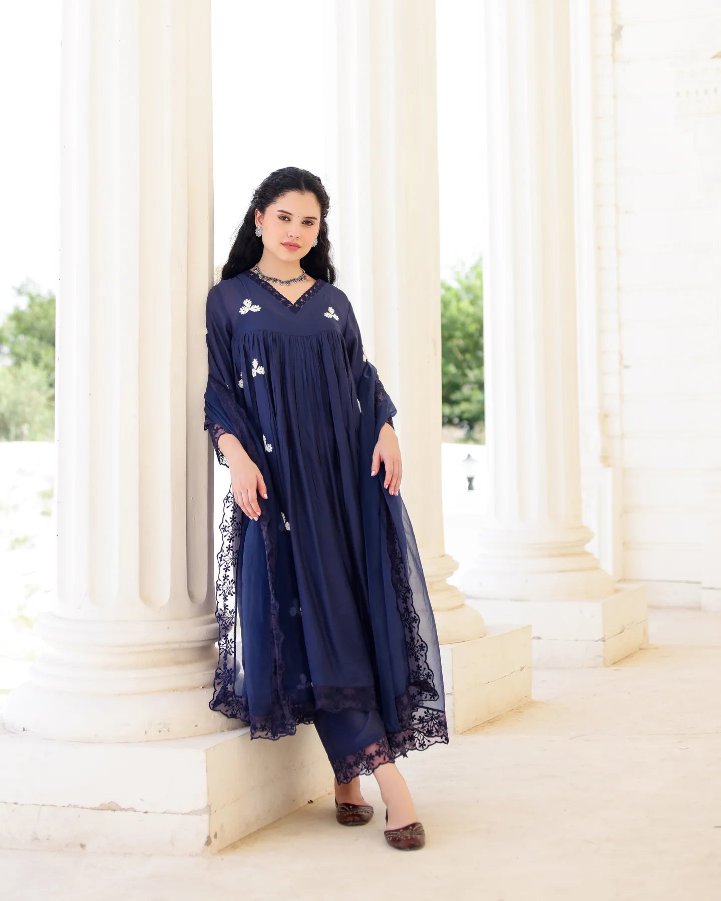 Midnight Muse Navy Chanderi Aari Embroidered Kurta Palazzo Set - AS-TTME-16 (1)