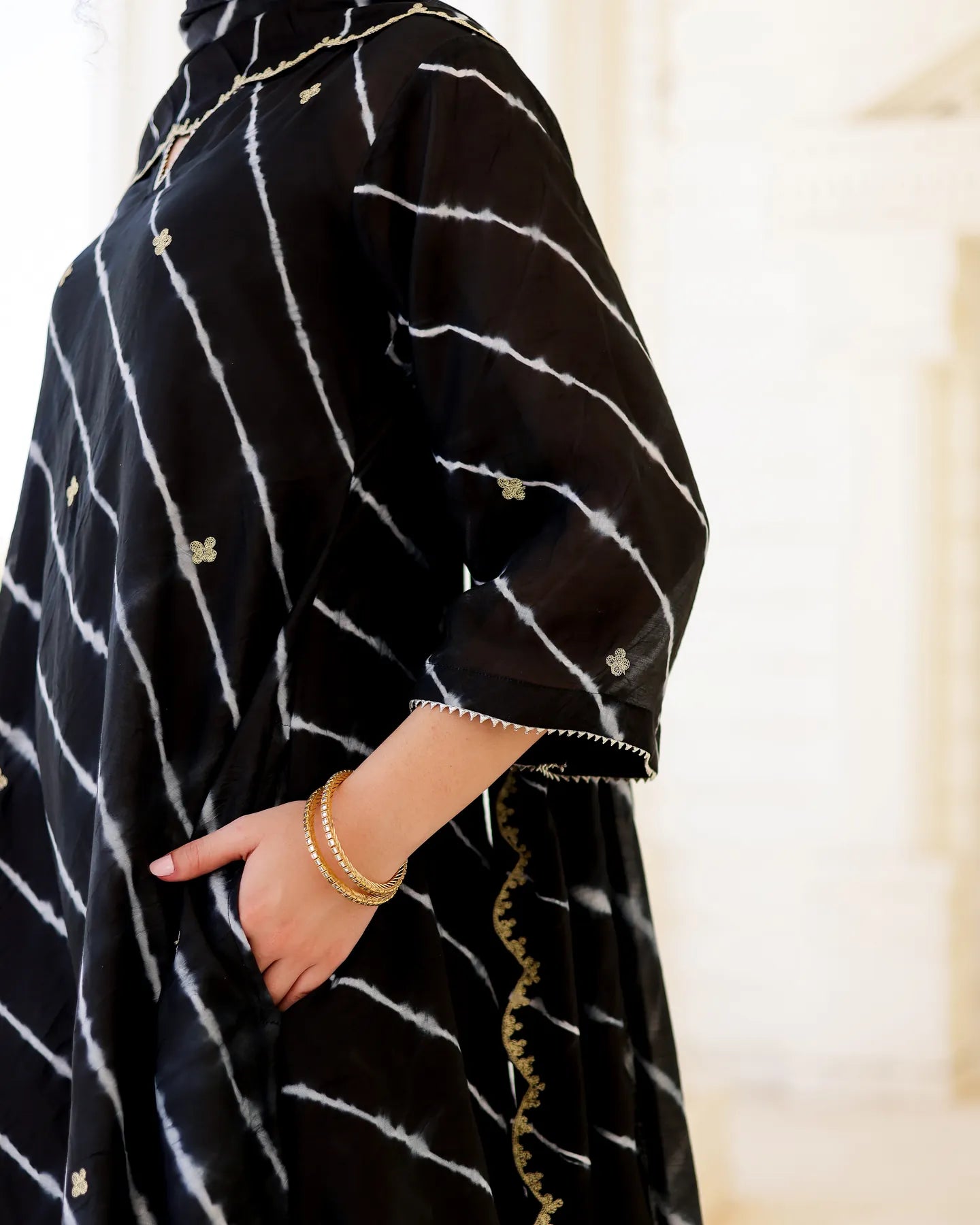 Nero Black Chanderi Hand Dyed Leheriya Kurta Set with Zari Aari Embroidery - AS-TTME-18 (7)
