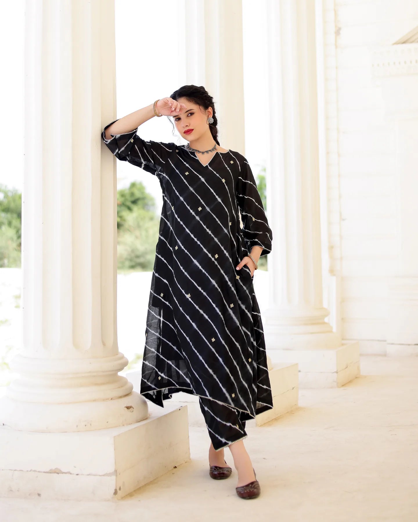 Nero Black Chanderi Hand Dyed Leheriya Kurta Set with Zari Aari Embroidery - AS-TTME-18 (8)