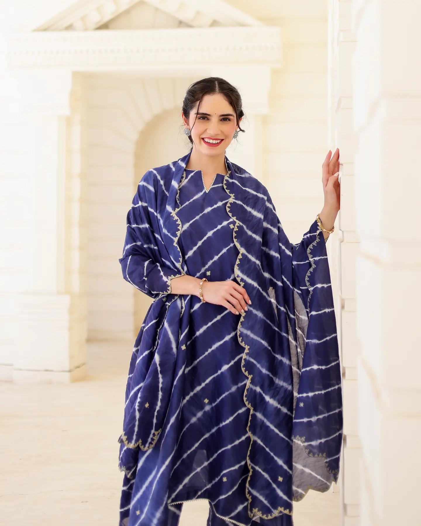 Indigoire Royal blue Chanderi Hand Dyed Leheriya Kurta Set with Zari Aari Embroidery - AS-TTME-19 (7)