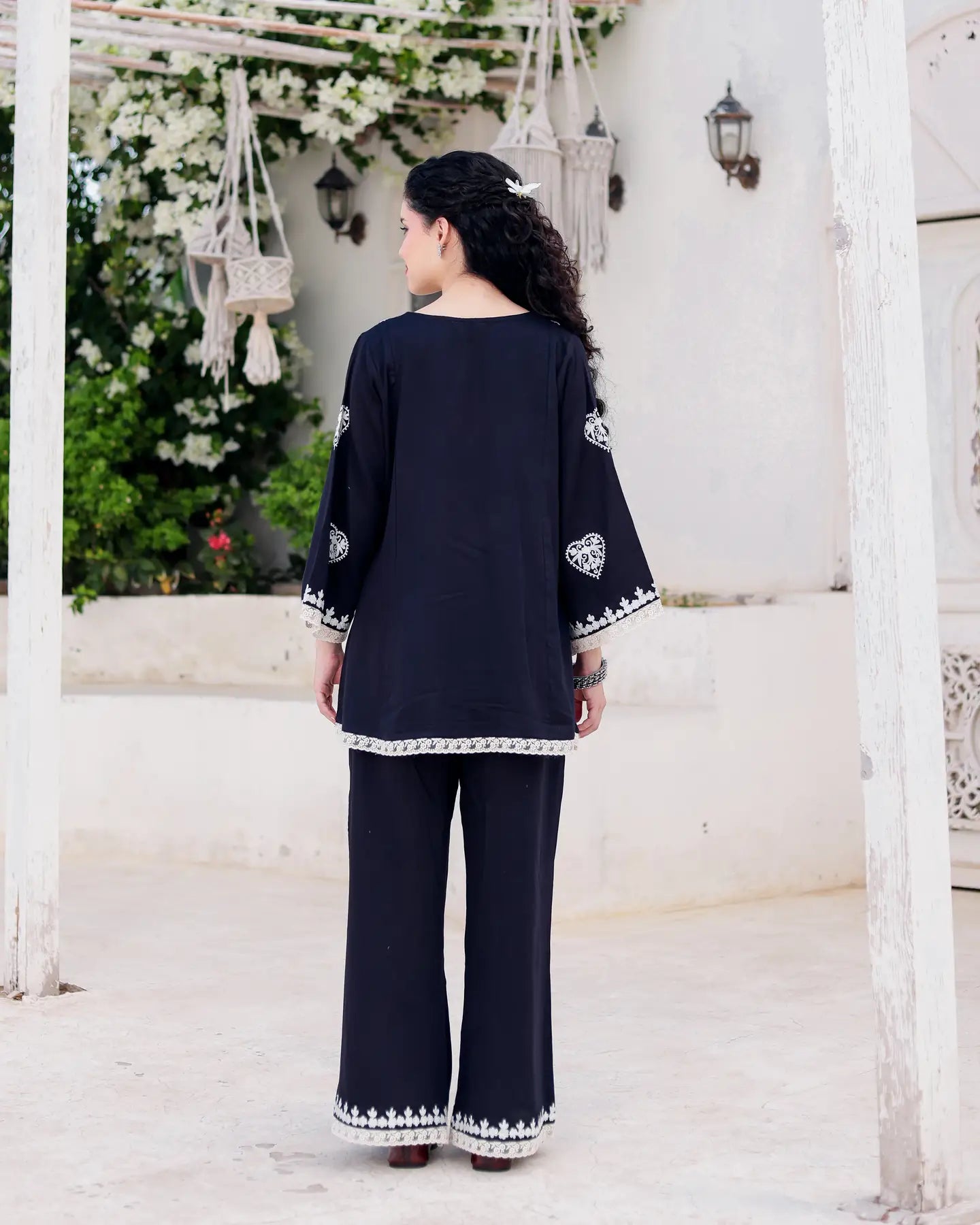 Noir Handcrafted Black Embroidered Kurta Palazzo Set with Organza Dupatta - AS-TTME-1 (4)