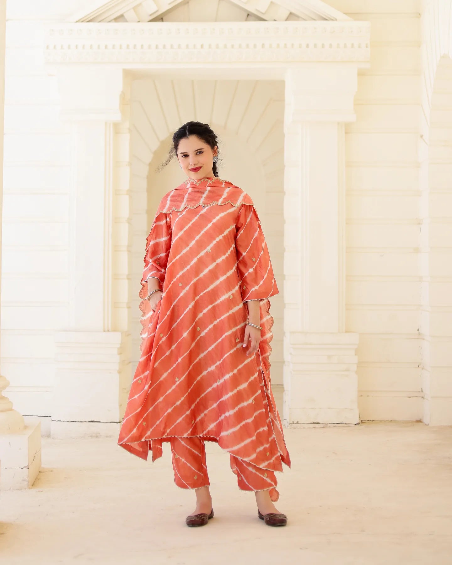 Terracotta Chanderi Hand Dyed Leheriya Kurta Set with Zari Embroidery - AS-TTME-20 (4)