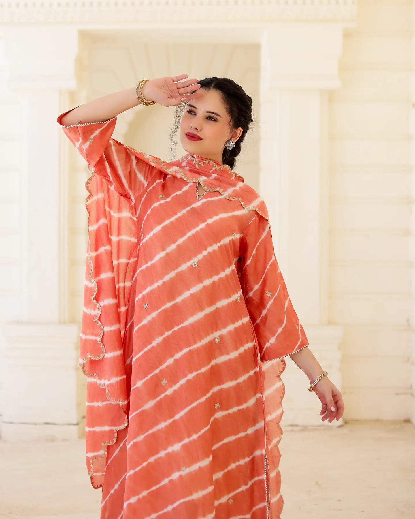 Terracotta Chanderi Hand Dyed Leheriya Kurta Set with Zari Embroidery - AS-TTME-20 (7)