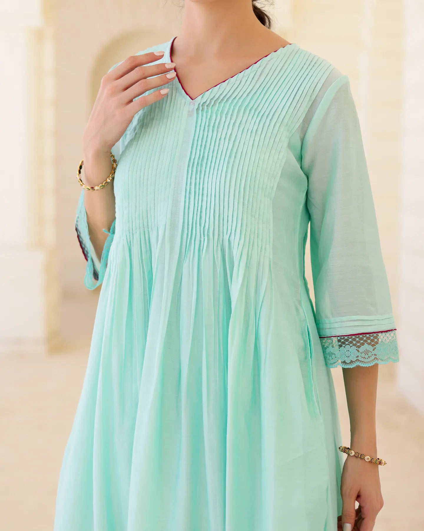 Floris Mint Chanderi Aari Embroidered Kurta Palazzo Set with Floral Dupatta - AS-TTME-21 (5)