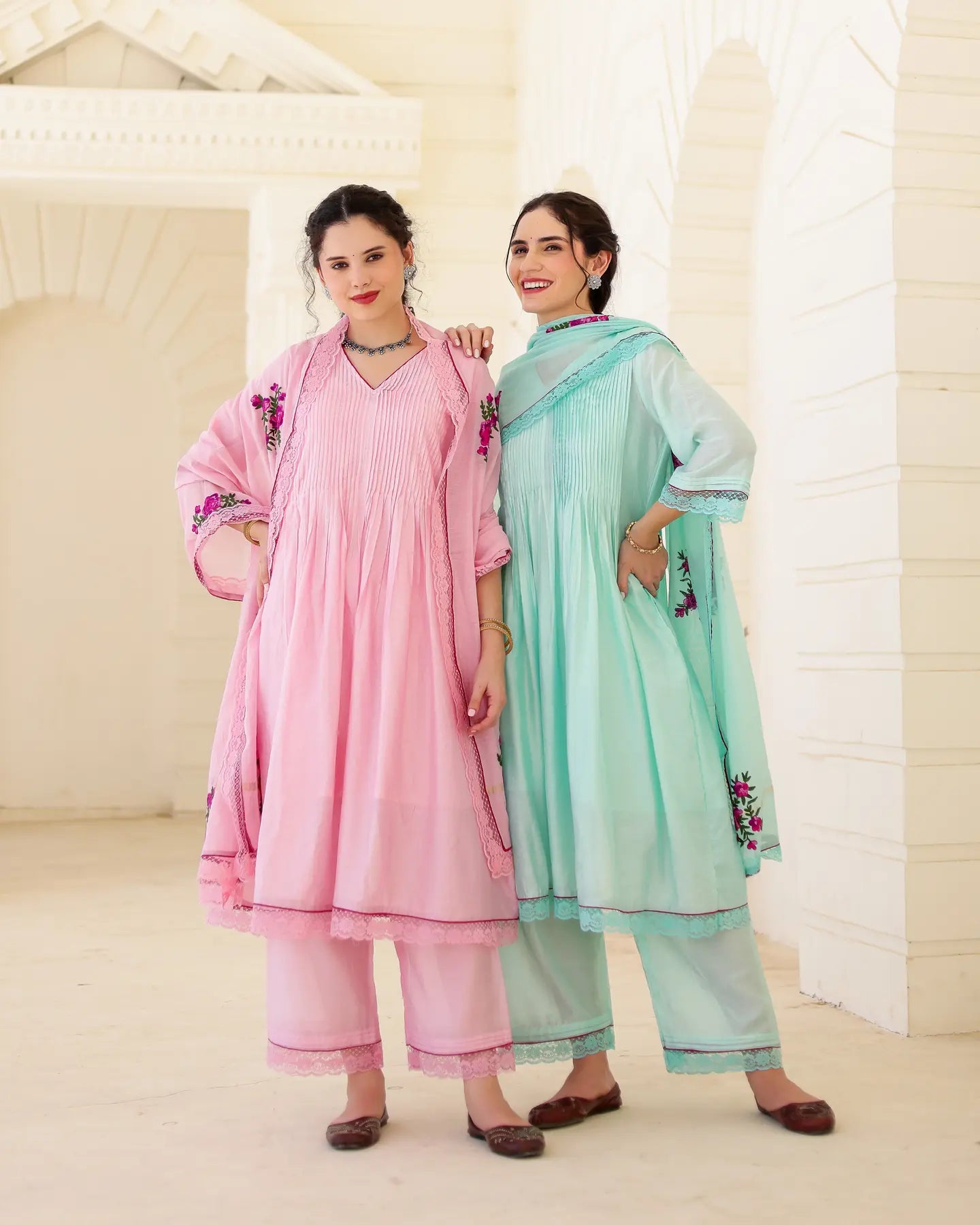 Roselle Blush Pink Chanderi Aari Embroidered Kurta Palazzo Set with Floral Dupatta - AS-TTME-22 (3)