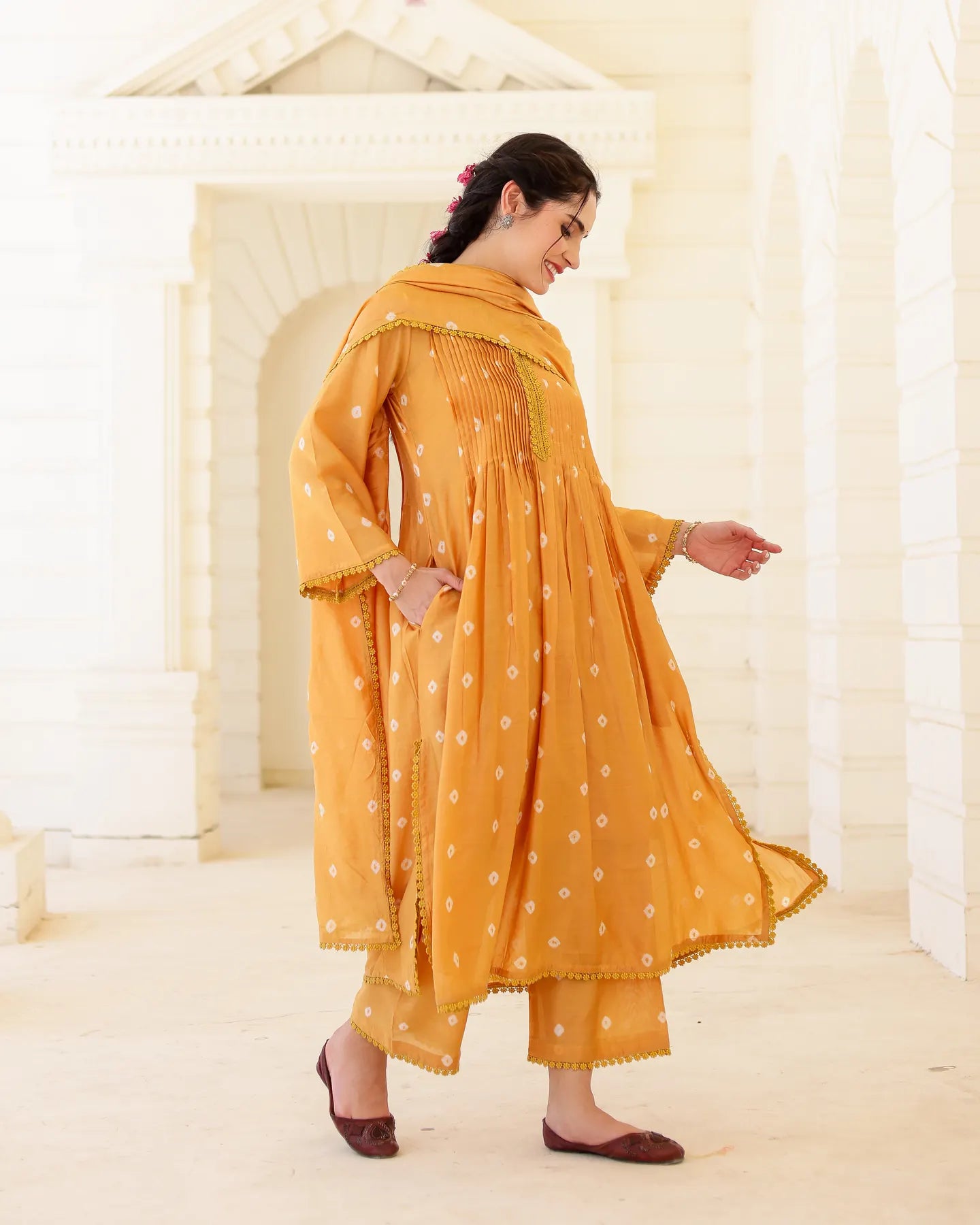 Solara Mustard Yellow Chanderi Hand Bandhej Suit Set with Dupatta - AS-TTME-25 (3)