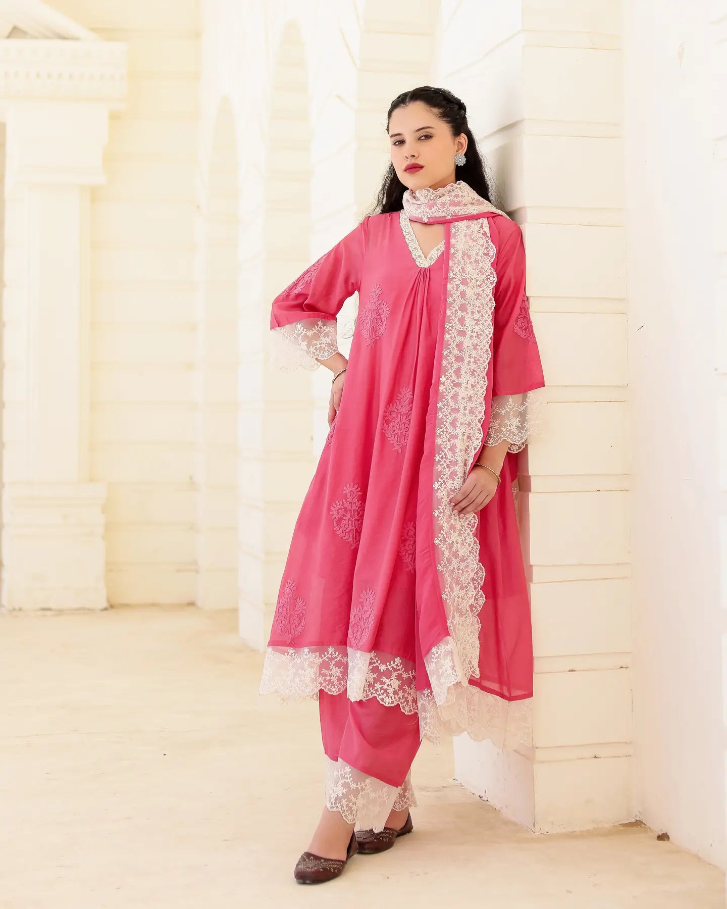 Roséline Pink Chanderi Aari Embroidered Suit Set with Lace Dupatta - AS-TTME-26 (6)