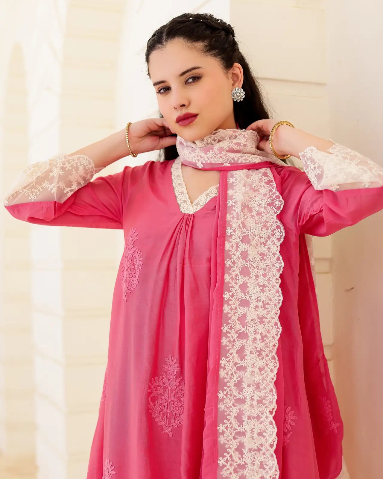 Roséline Pink Chanderi Aari Embroidered Suit Set with Lace Dupatta - AS-TTME-26 (7)