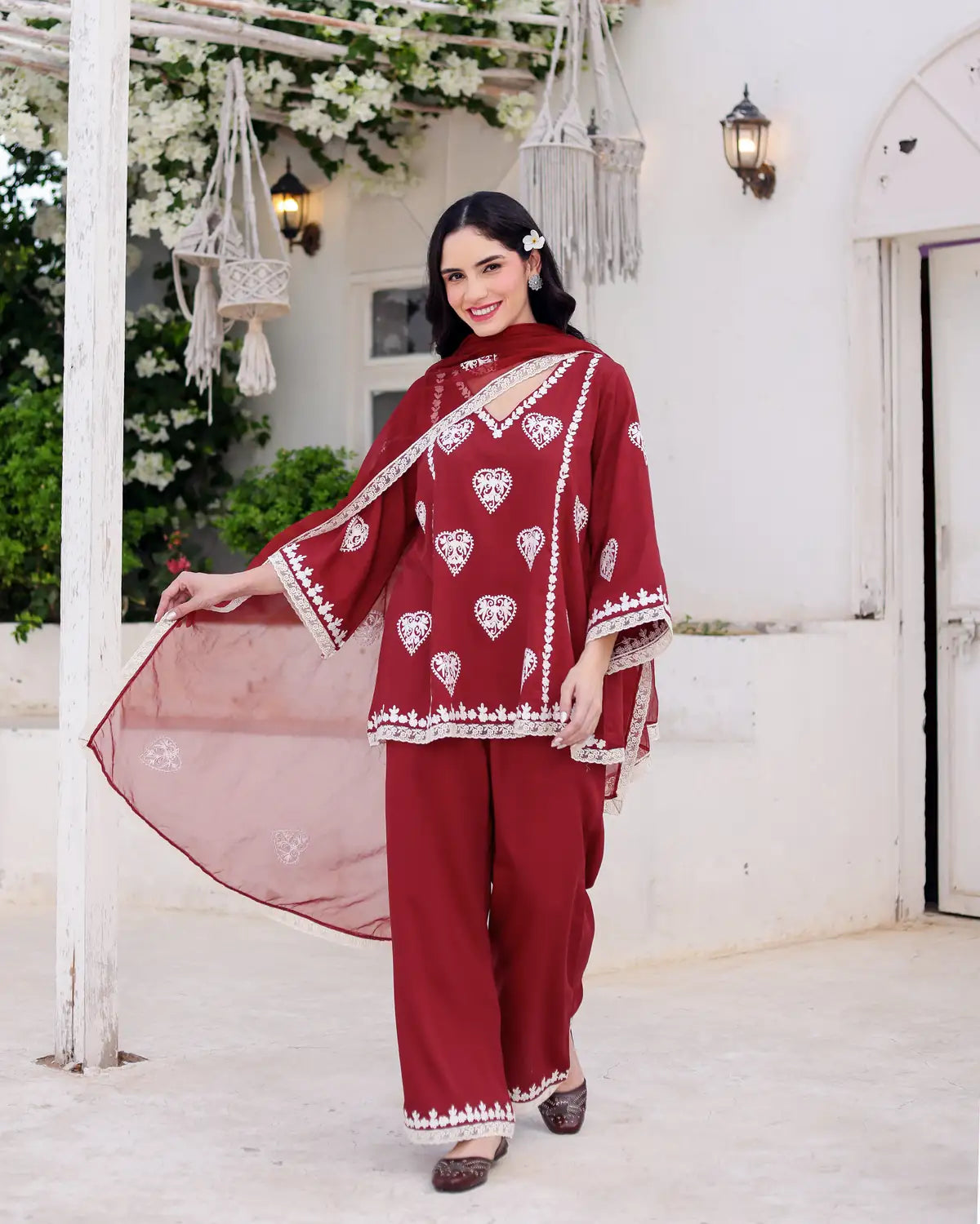 Aarzoo Red Cotton Satin Aari Embroidered Kurta Palazzo Set - AS-TTME-2 (6)