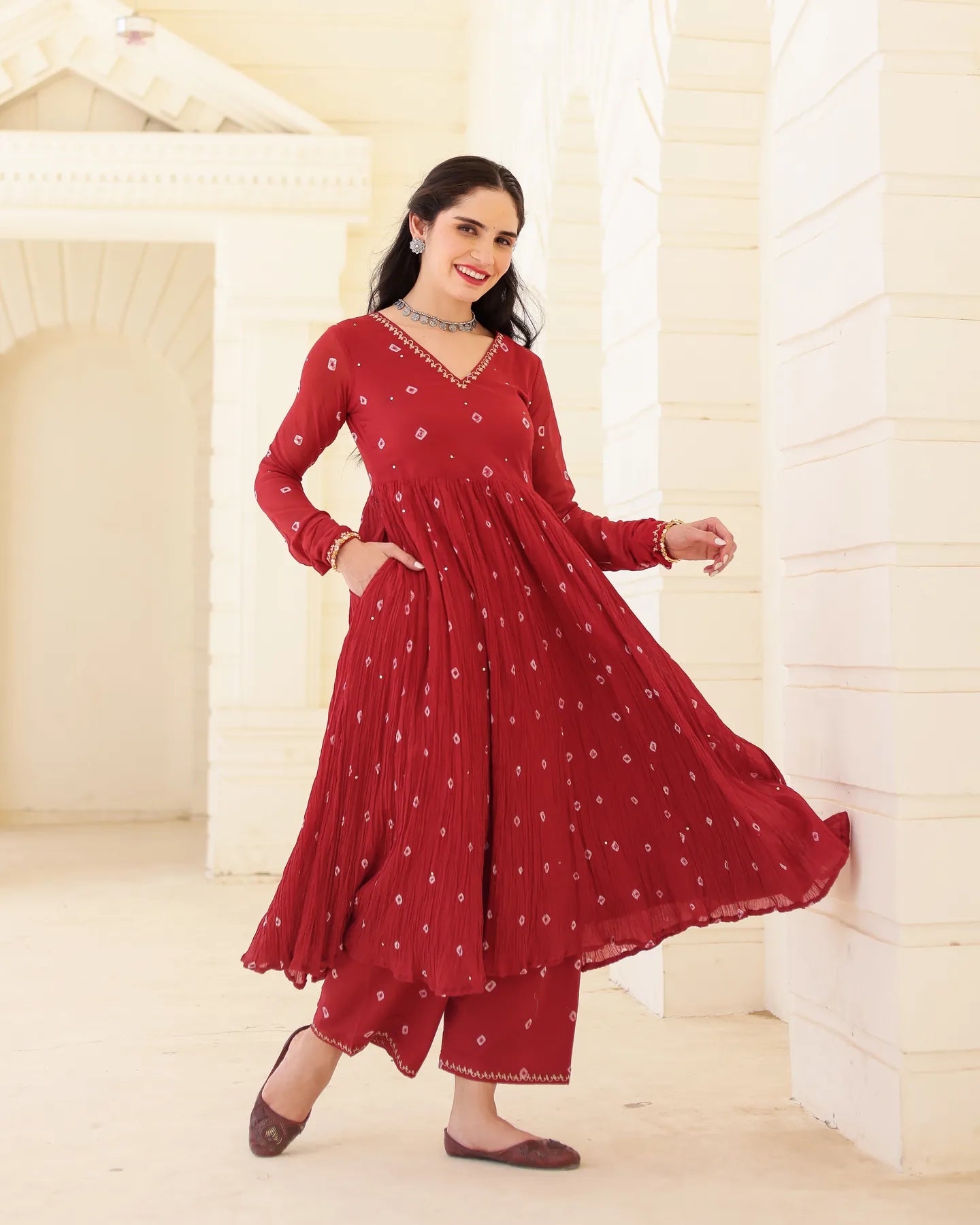 Ruhani Crimson Cotton Mulmul Bandhani Suit Set with Aari Zari Embroidery - AS-TTME-31 (6)